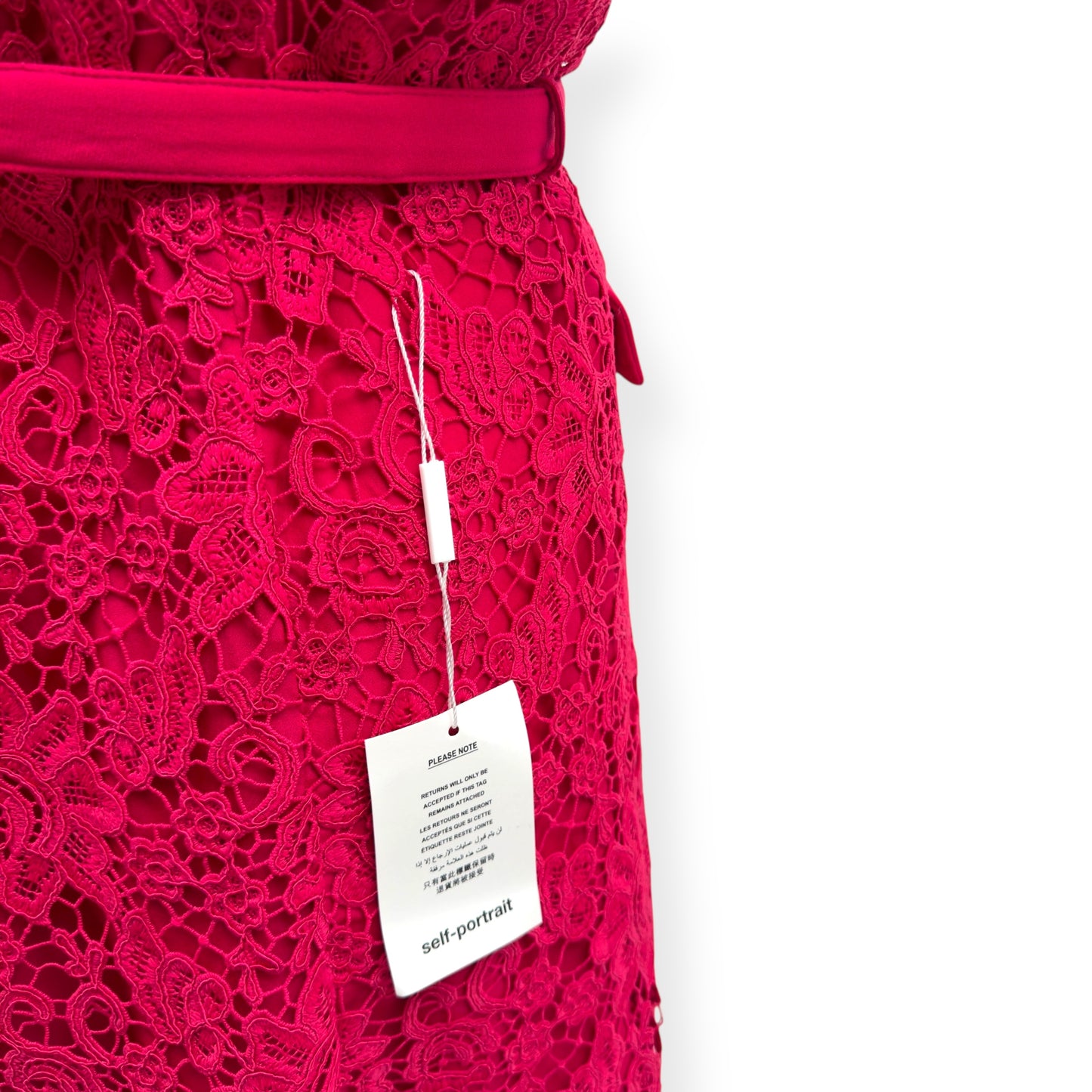 SELF-PORTRAIT BELTED CREPE-TRIMMED CORDED LACE MIDI DRESS PINK UK14