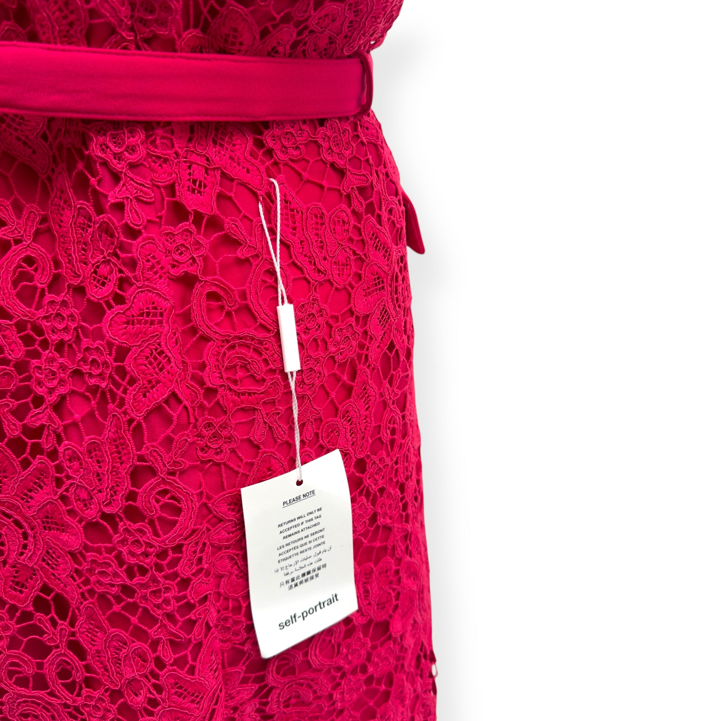 SELF-PORTRAIT BELTED CREPE-TRIMMED CORDED LACE MIDI DRESS PINK UK14