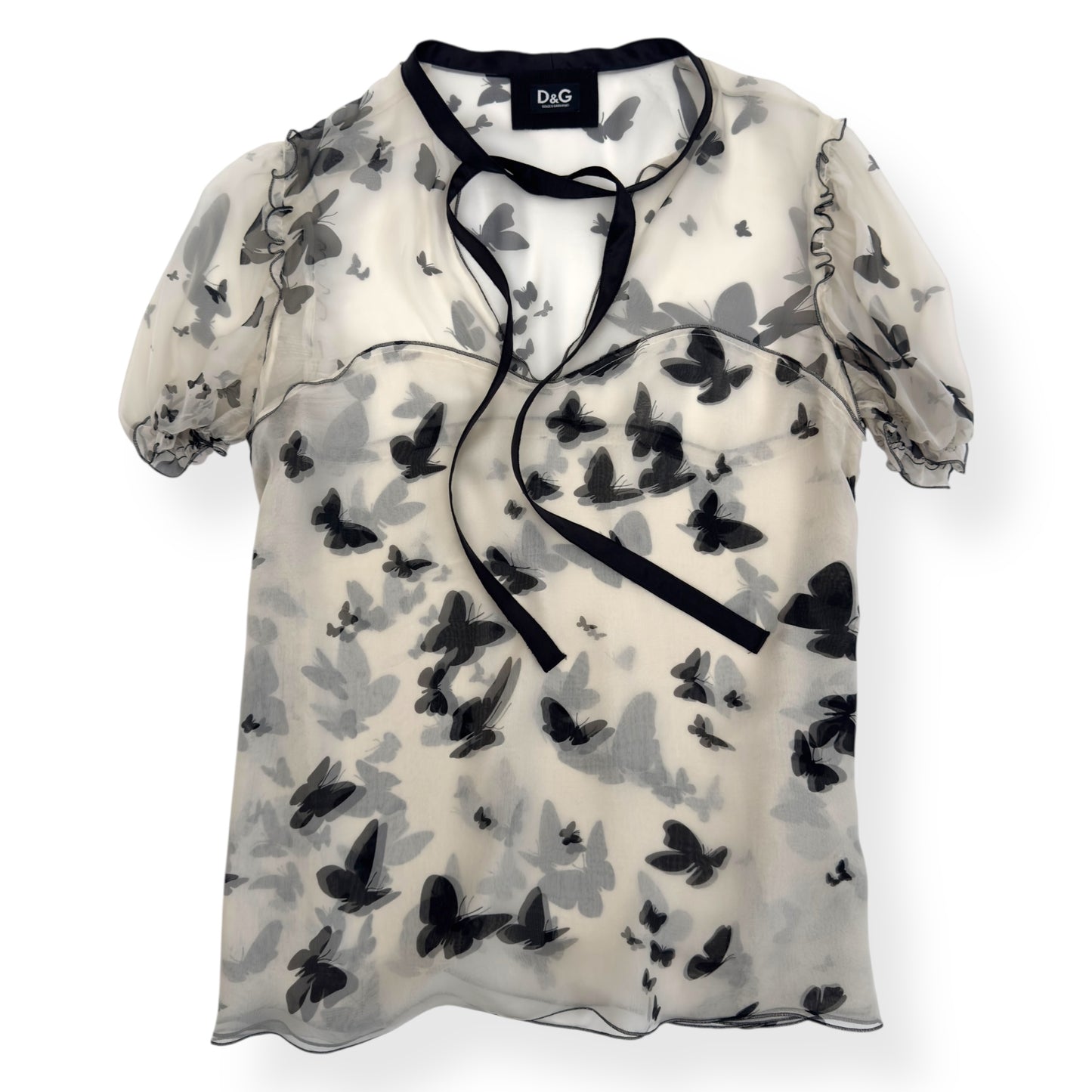 DOLCE & GABBANA BICOLOUR BUTTERFLY PRINT SHEER SILK BOW DETIAL BLOUSE BLACK / WHITE 44 / UK12