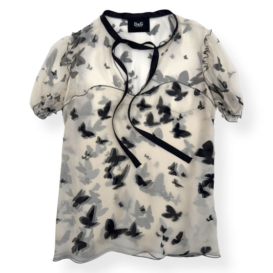 DOLCE & GABBANA BICOLOUR BUTTERFLY PRINT SHEER SILK BOW DETIAL BLOUSE BLACK / WHITE 44 / UK12
