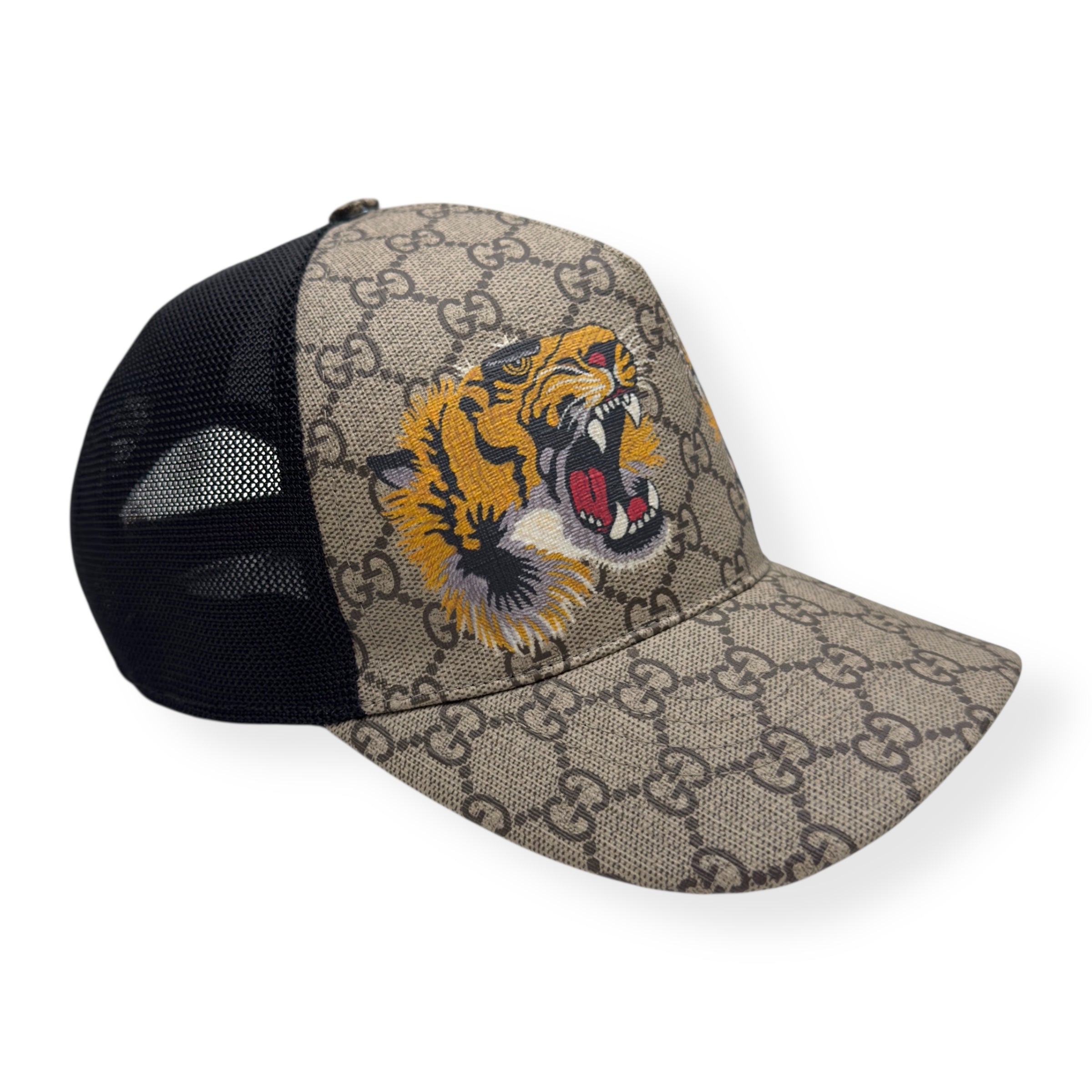GUCCI TIGER PRINT GG SUPREME BASEBALL CAP BEIGE / BLACK O/S