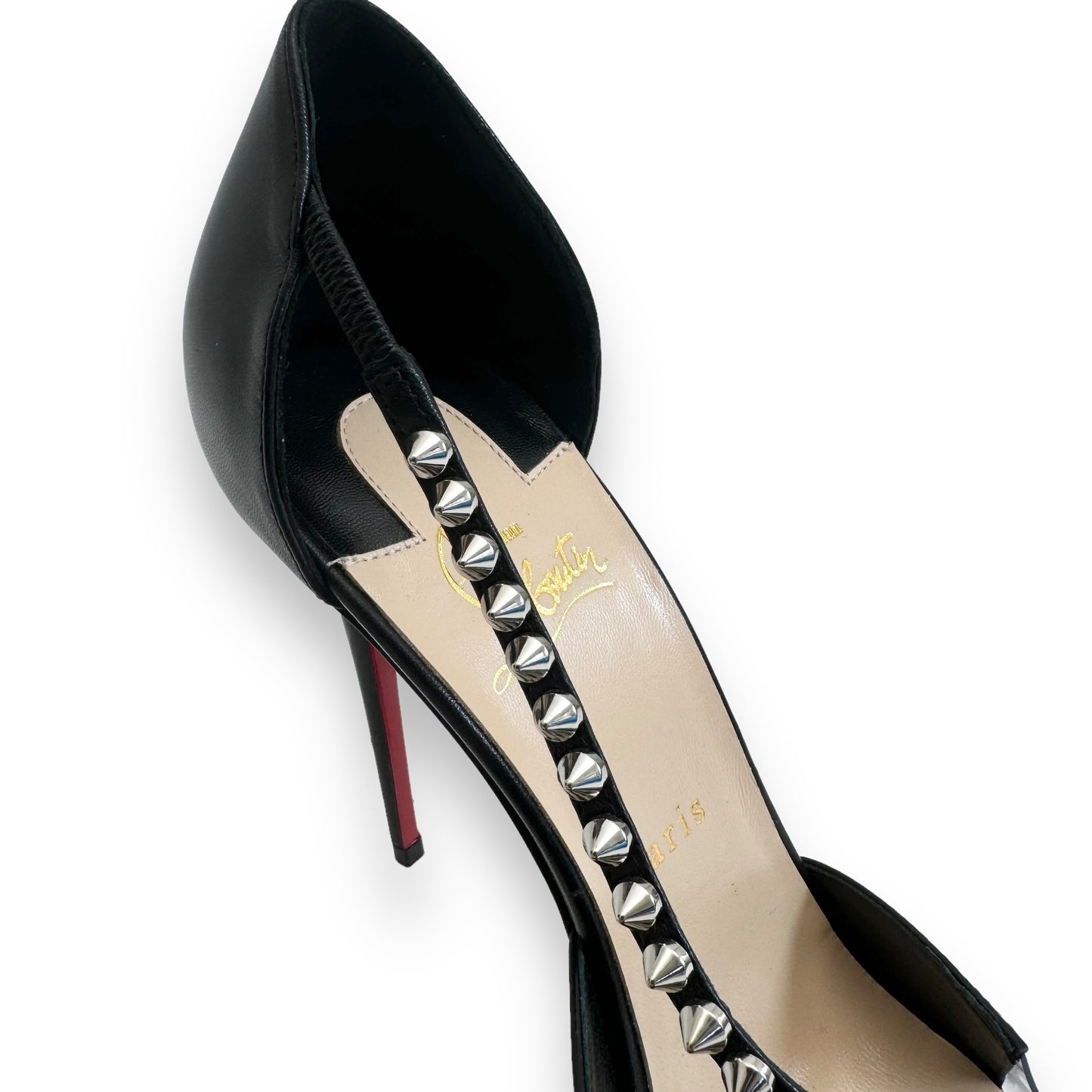 CHRISTIAN LOUBOUTIN LEATHER SPIKE CROSS HEELS BLACK UK8.5