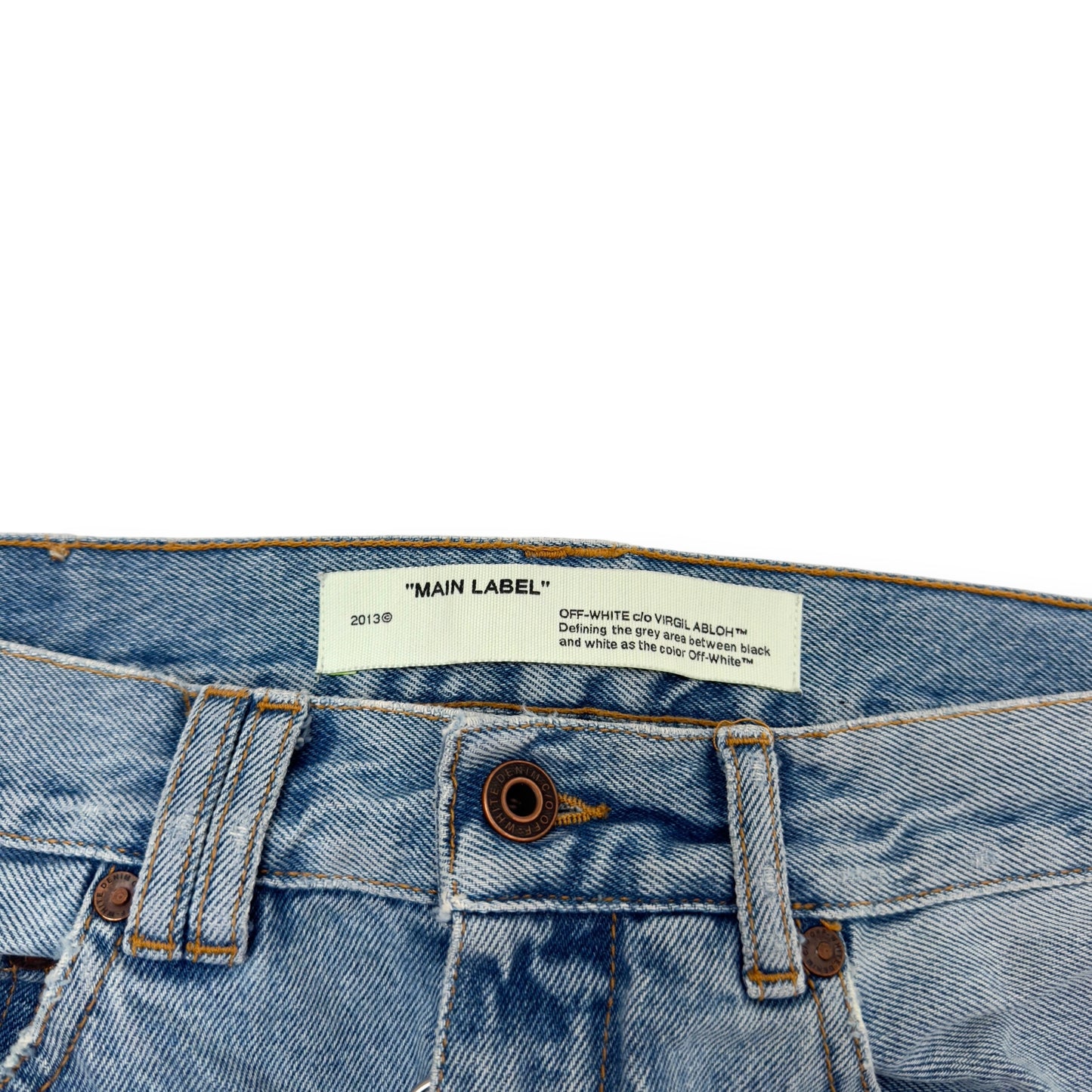 OFF-WHITE BLEACHED DENIM JEANS BLUE / WHITE W34”
