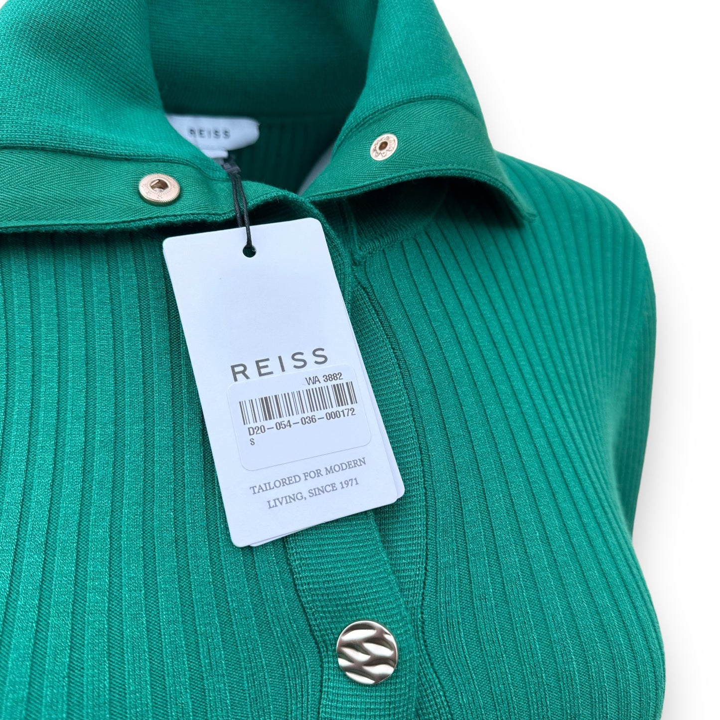 REISS RHIANNON RIBBED BUTTON COLLAR MINI DRESS GREEN S