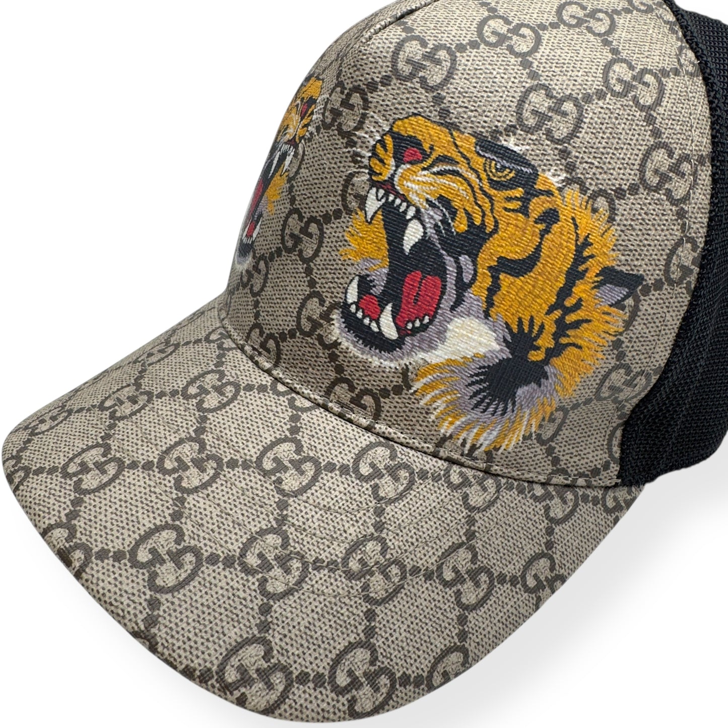 GUCCI TIGER PRINT GG SUPREME BASEBALL CAP BEIGE / BLACK O/S