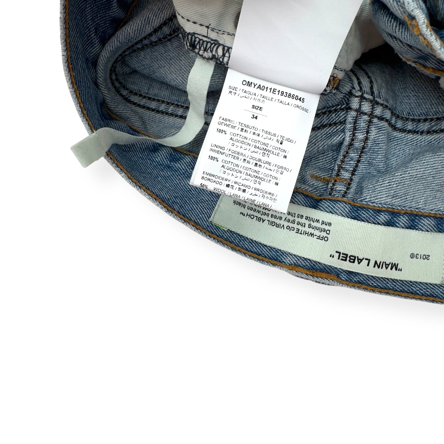 OFF-WHITE BLEACHED DENIM JEANS BLUE / WHITE W34”