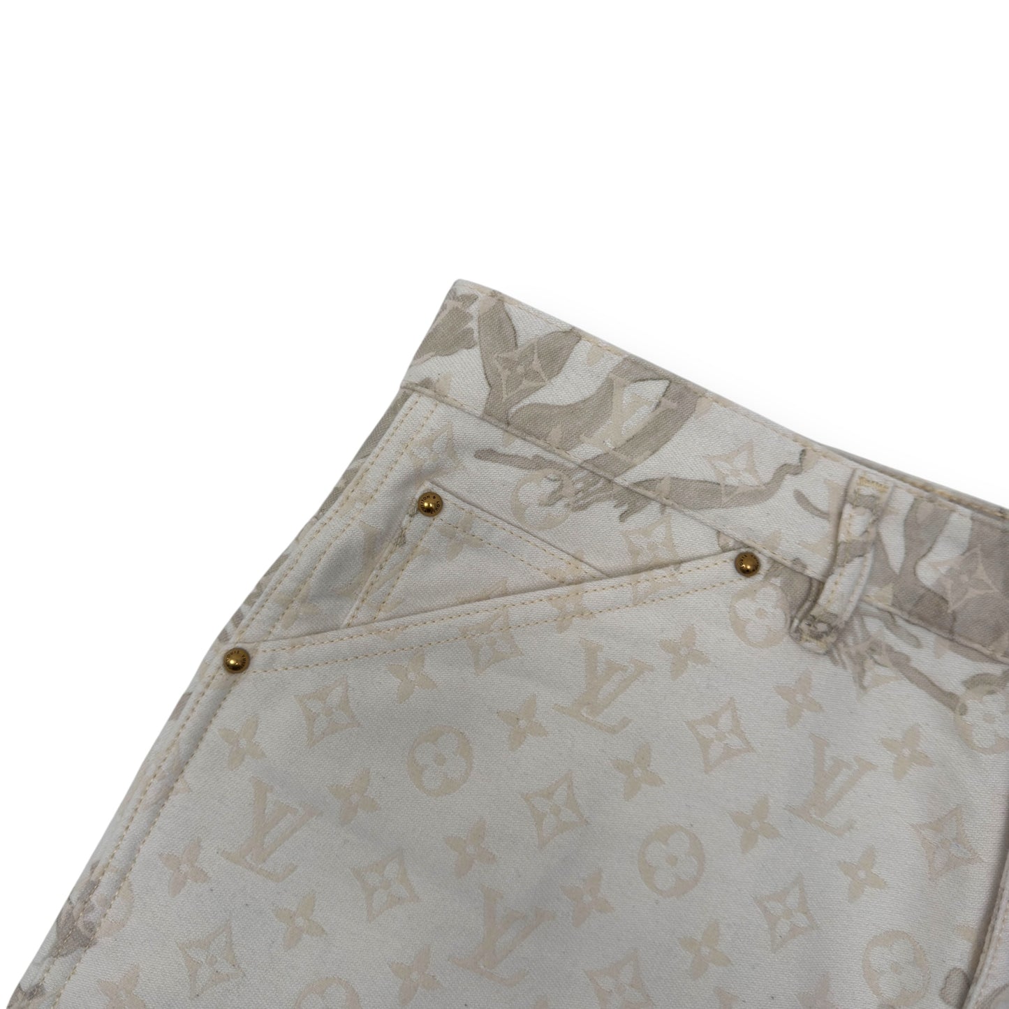 LOUIS VUITTON BERMUDA MONOGRAM CARPENTER DENIM SHORTS BEIGE W33”