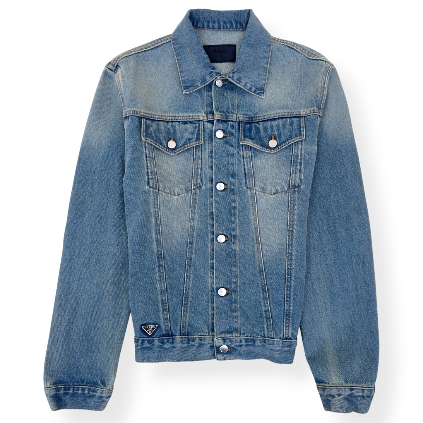 PRADA WASHED DENIM PLAQUE-LOGO DENIM JACKET LIGHT BLUE XL