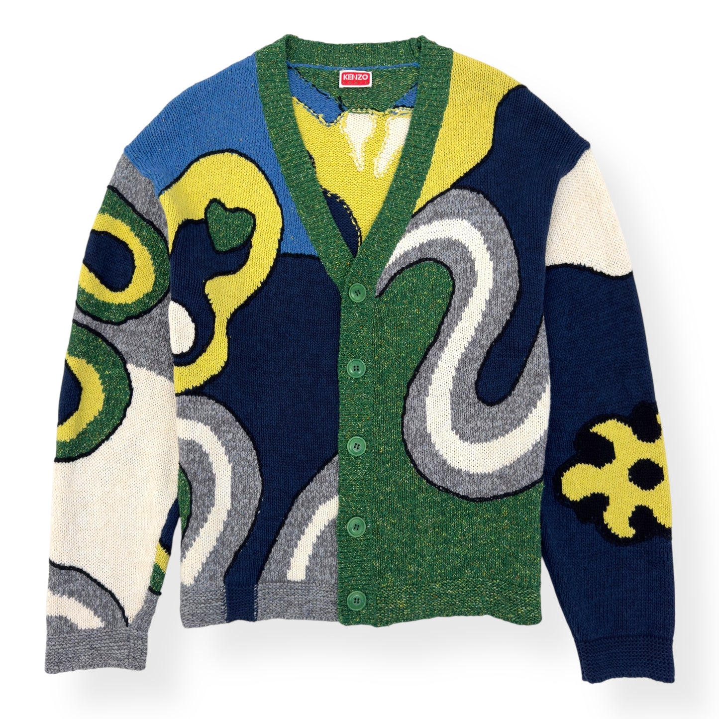 KENZO PARIS V-NECK ABSTRACT CARDIGAN GREEN / YELLOW L