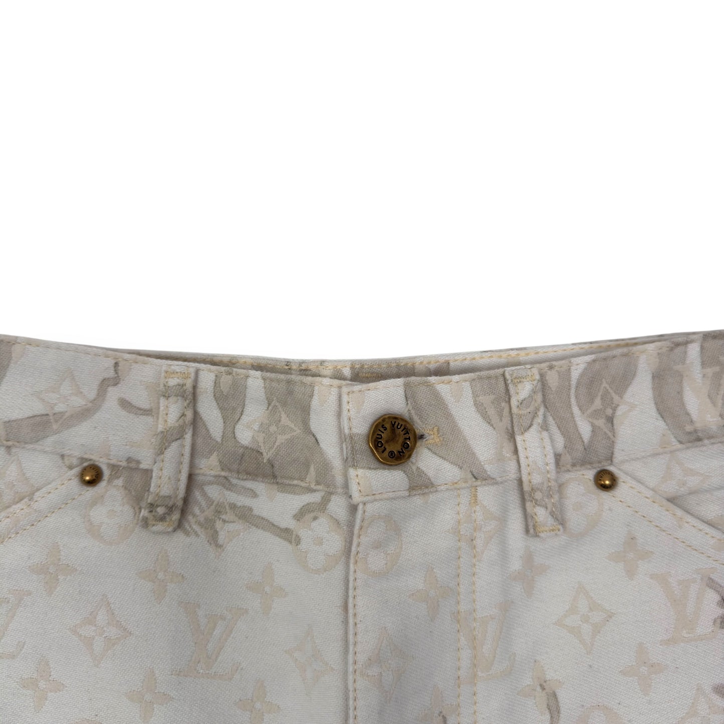 LOUIS VUITTON BERMUDA MONOGRAM CARPENTER DENIM SHORTS BEIGE W33”