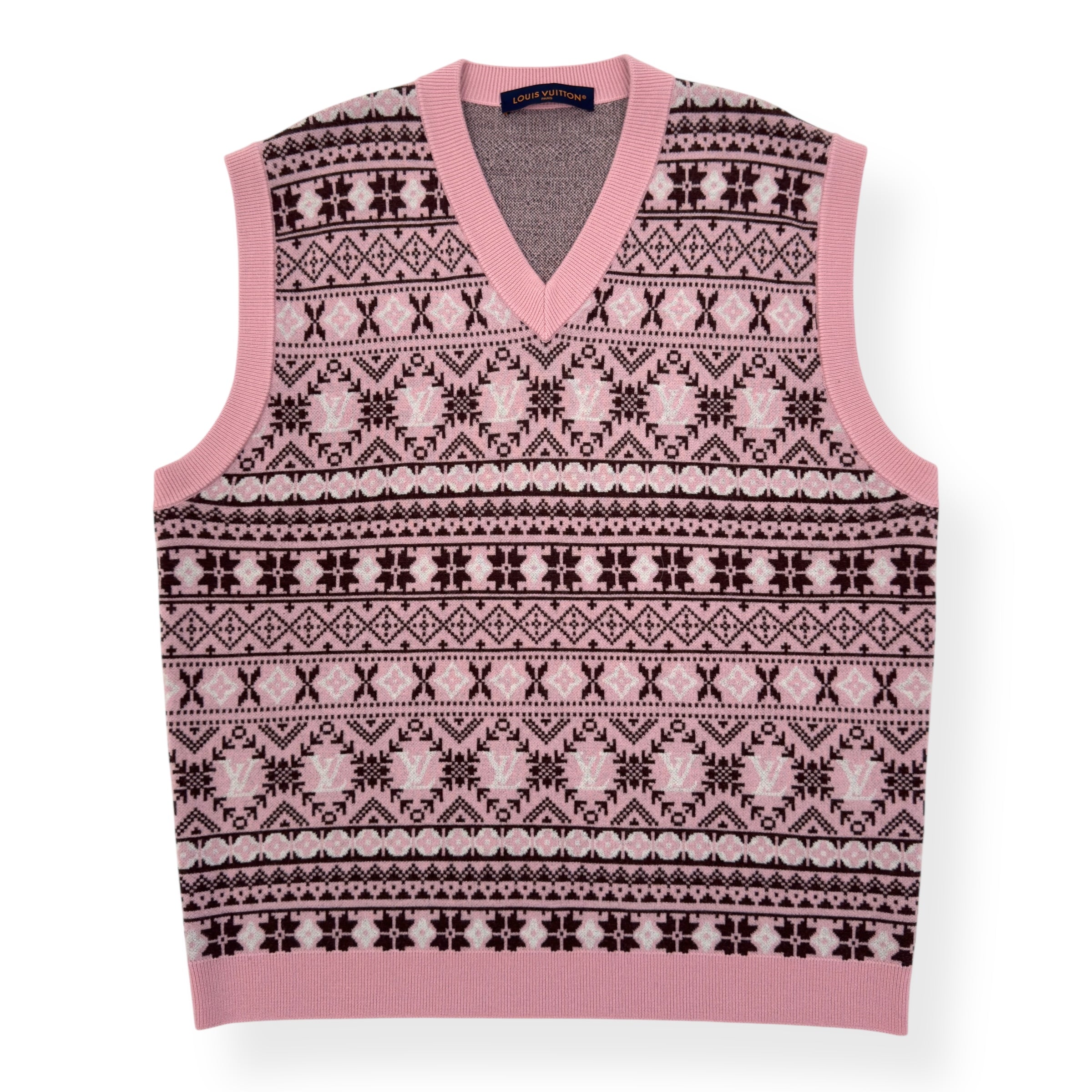 LOUIS VUITTON X TYLER THE CREATOR FAIR ISLE JACQUARD MERINO WOOL VEST LUXURY PINK XXL