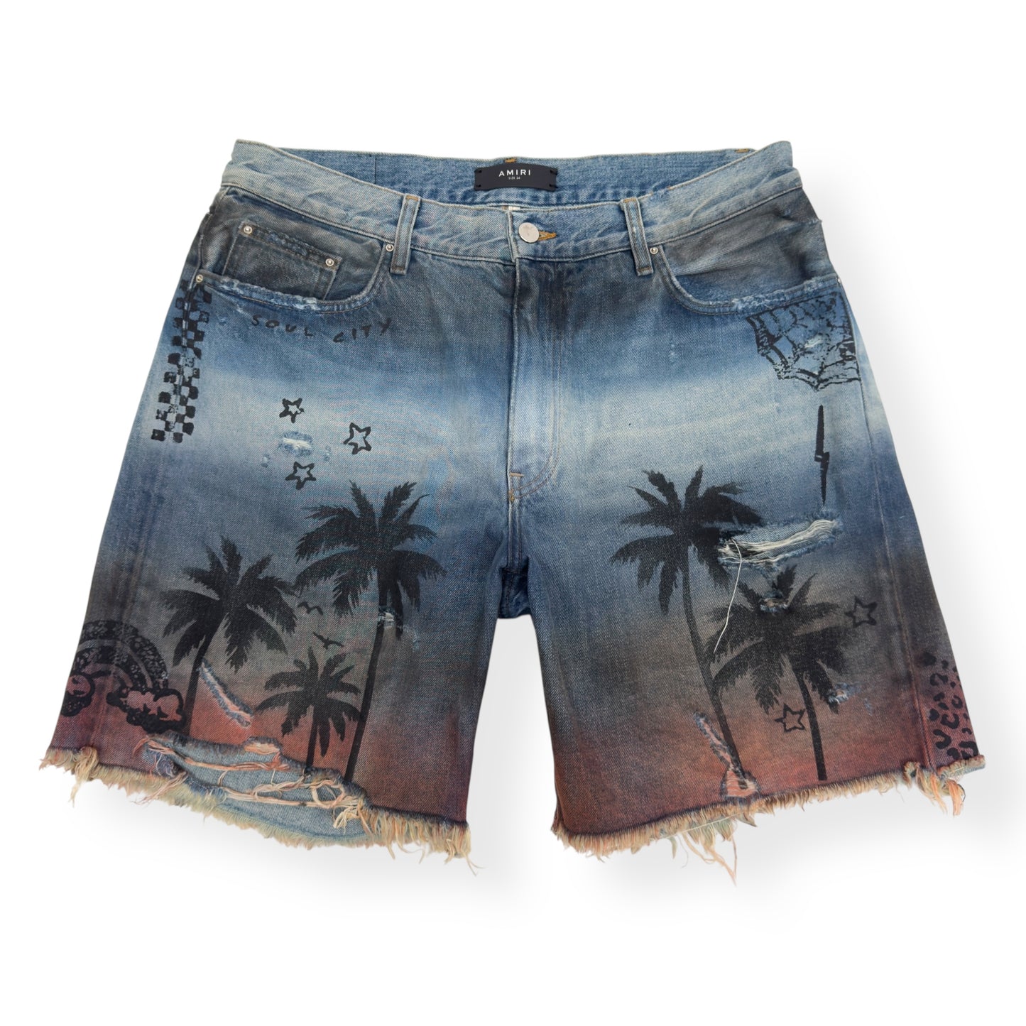 AMIRI DISTRESSED WASHED DENIM SHORTS BLUE W34”