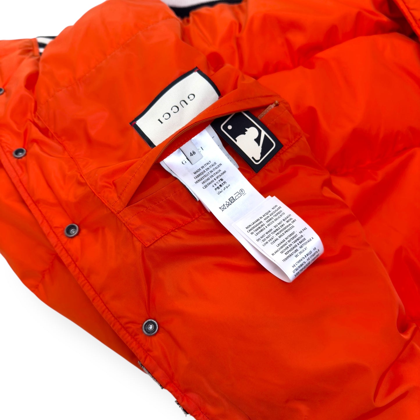 GUCCI NY YANKEES GOOSE DOWN PUFFER BOMBER JACKET ORANGE 46 / S