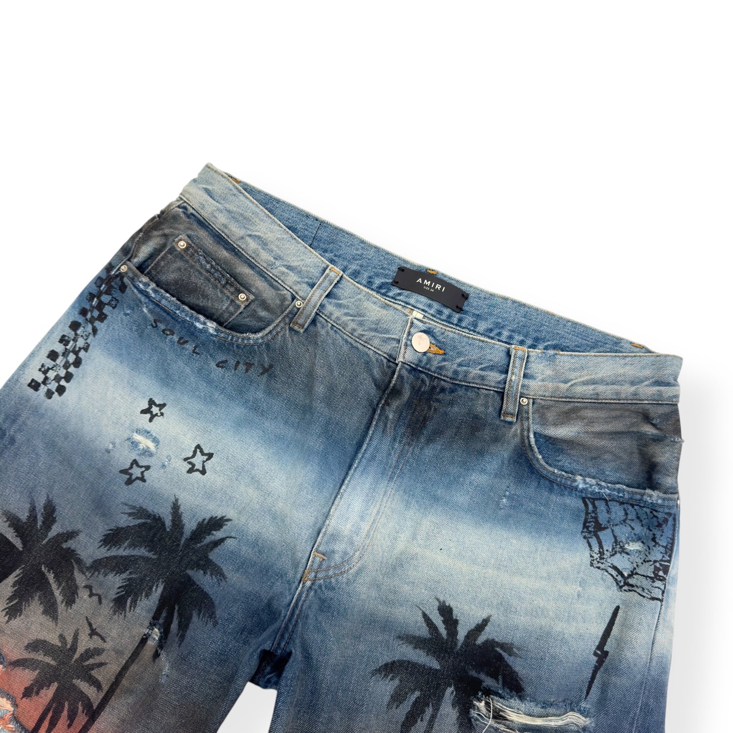 AMIRI DISTRESSED WASHED DENIM SHORTS BLUE W34”