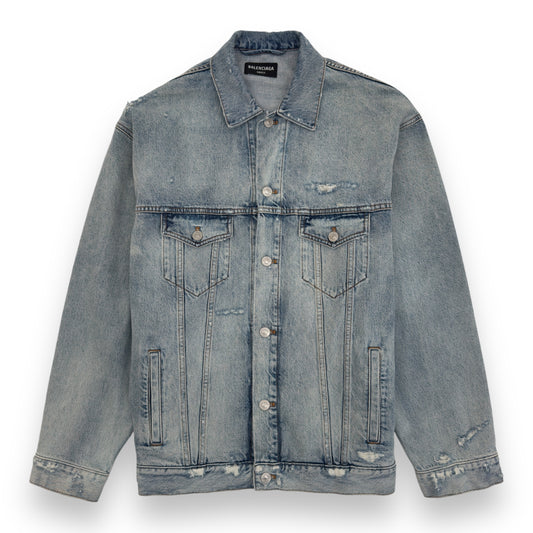 BALENCIAGA OVERSIZED BACODE DISTRESSED DENIM JACKET BLUE S