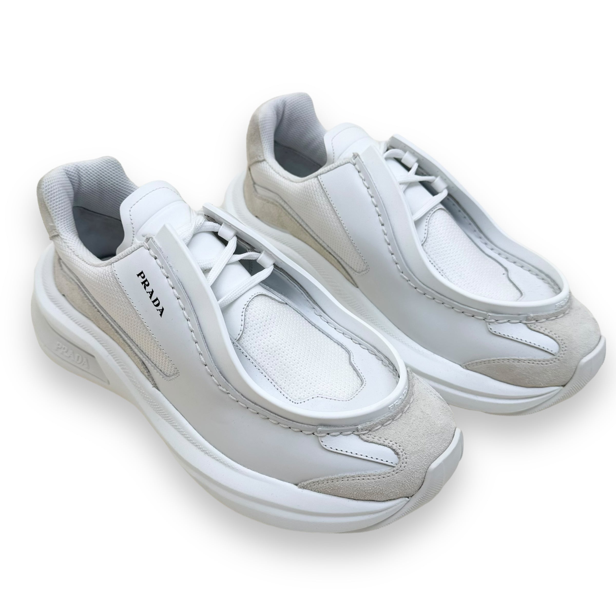 PRADA SYSTEME BRUSHED LEATHER SNEAKER WHITE UK9.5