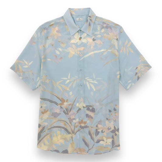 ETRO LEAF PRINT SILK SHIRT LIGHT BLUE XXL