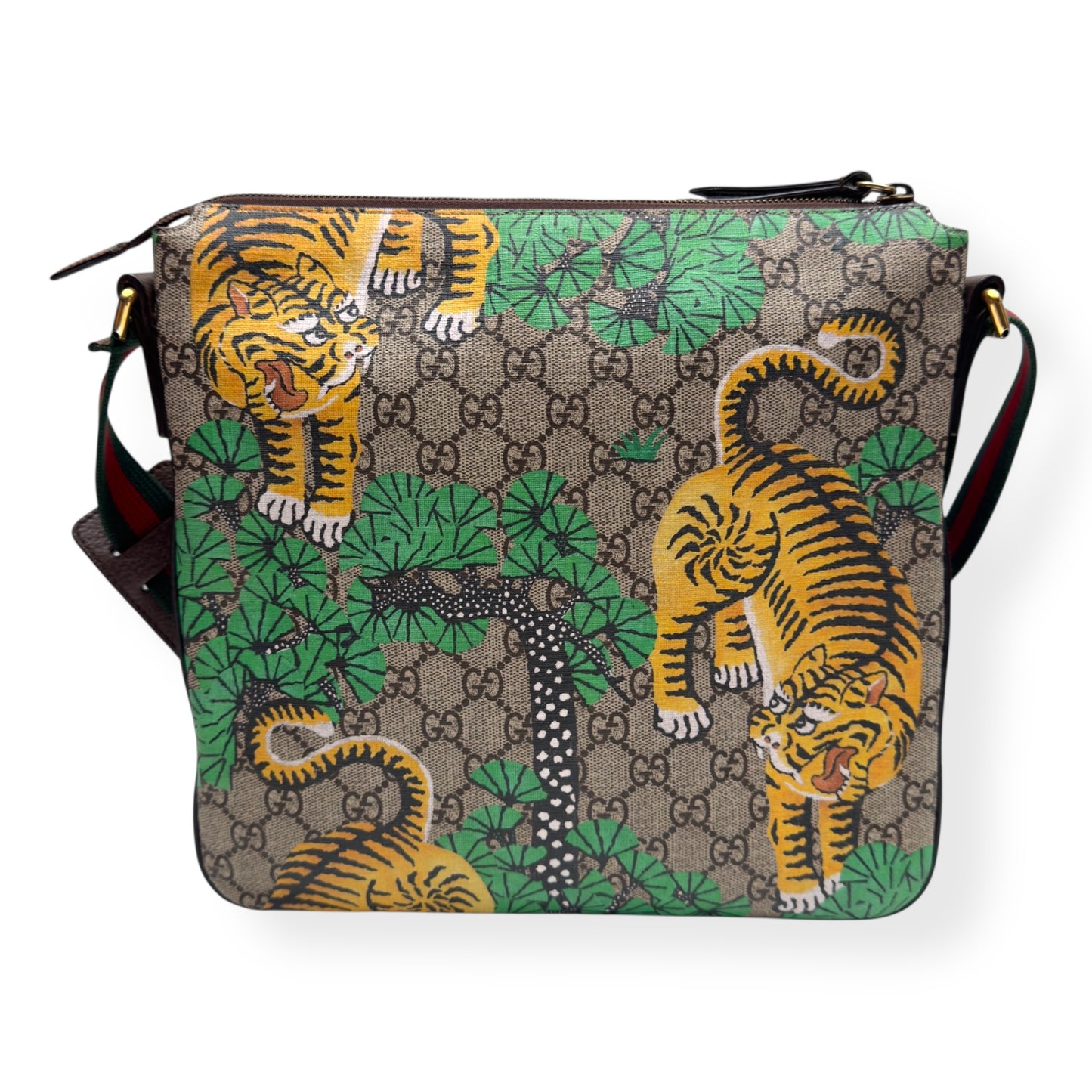 GUCCI BENGAL PRINT FRONT ZIP MESSENGER BAG BEIGE M