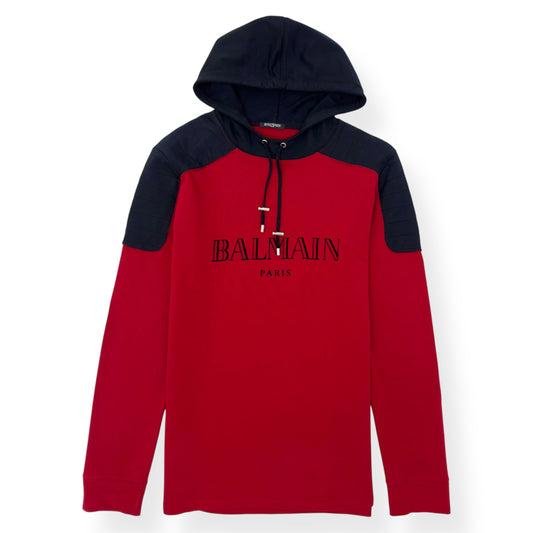 BALMAIN LOGO PRINT HOODIE RED / BLACK L