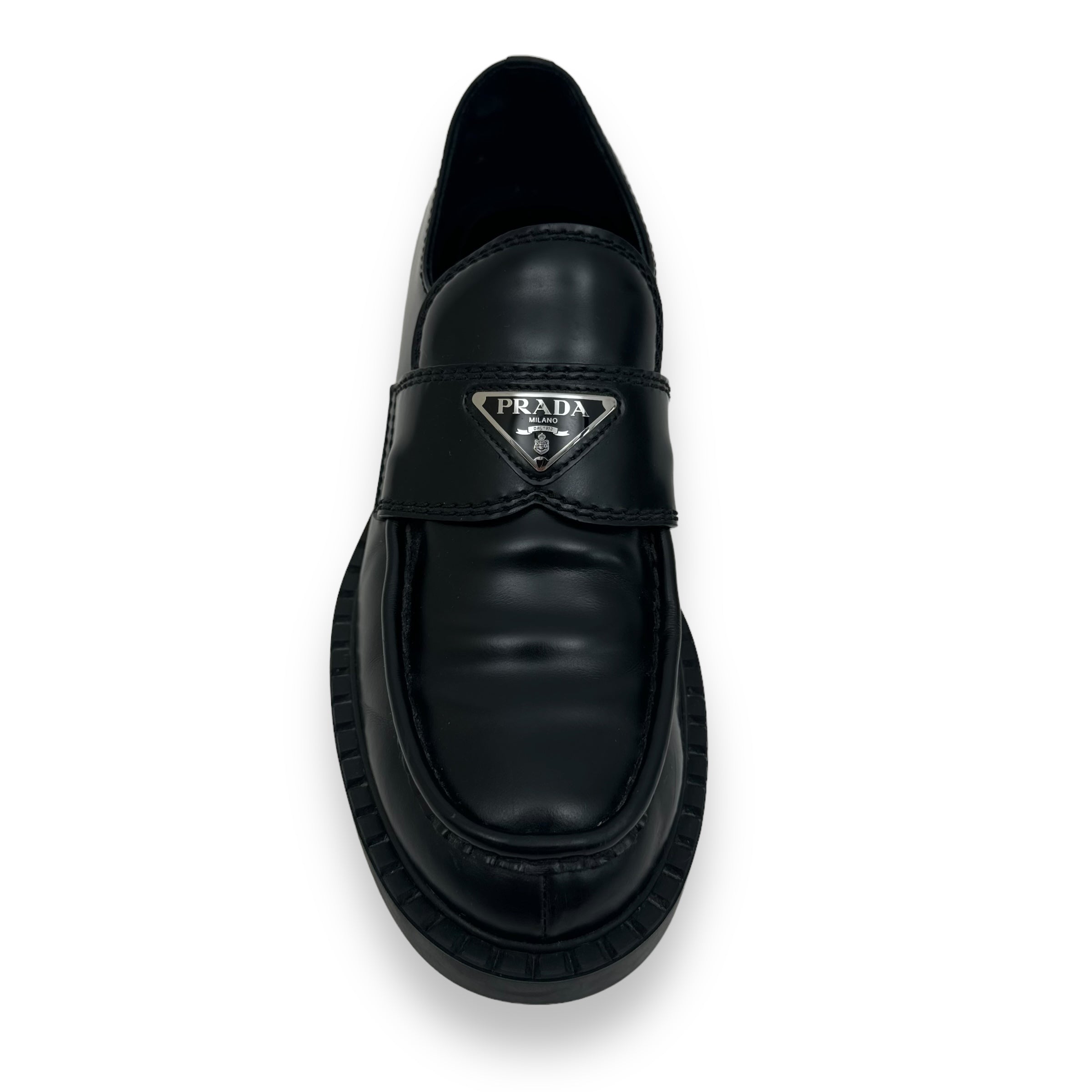 PRADA BRUSHED LEATHER LOAFERS BLACK UK6.5