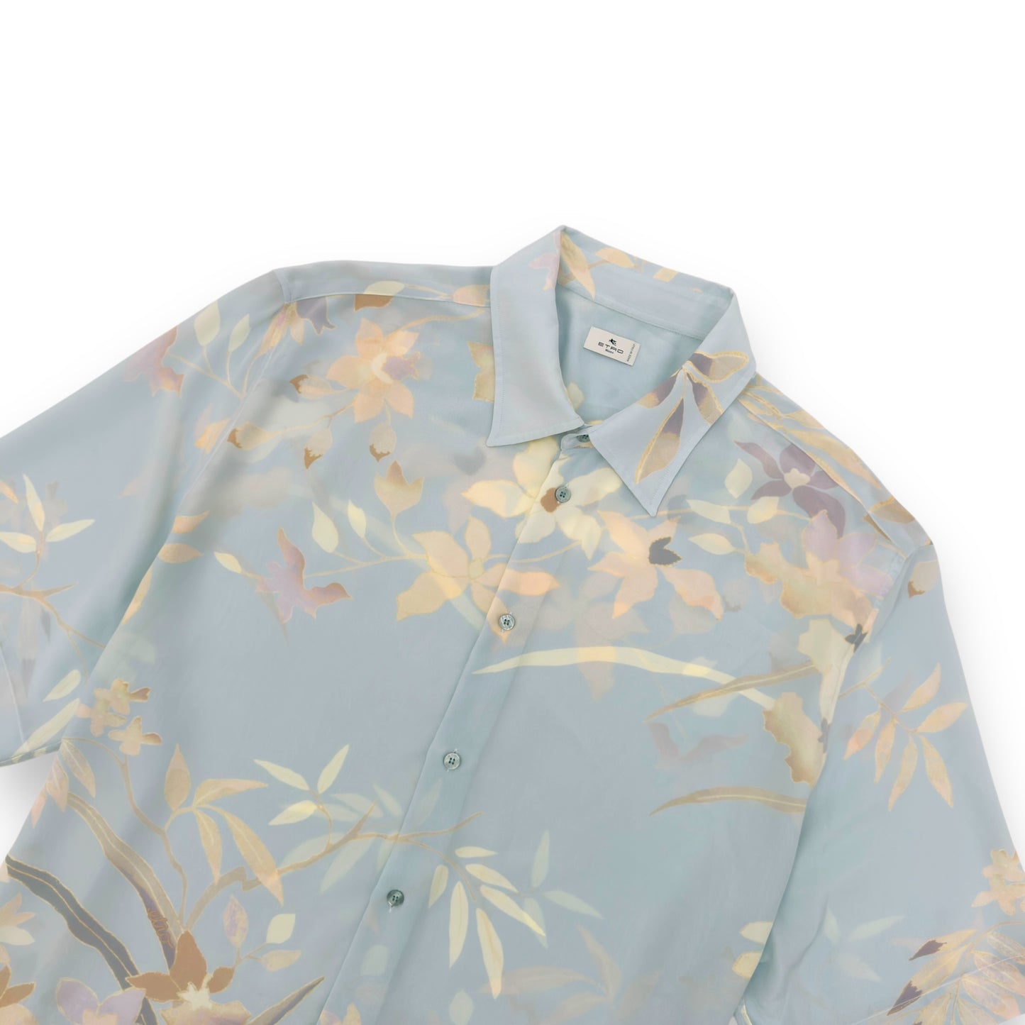 ETRO LEAF PRINT SILK SHIRT LIGHT BLUE XXL