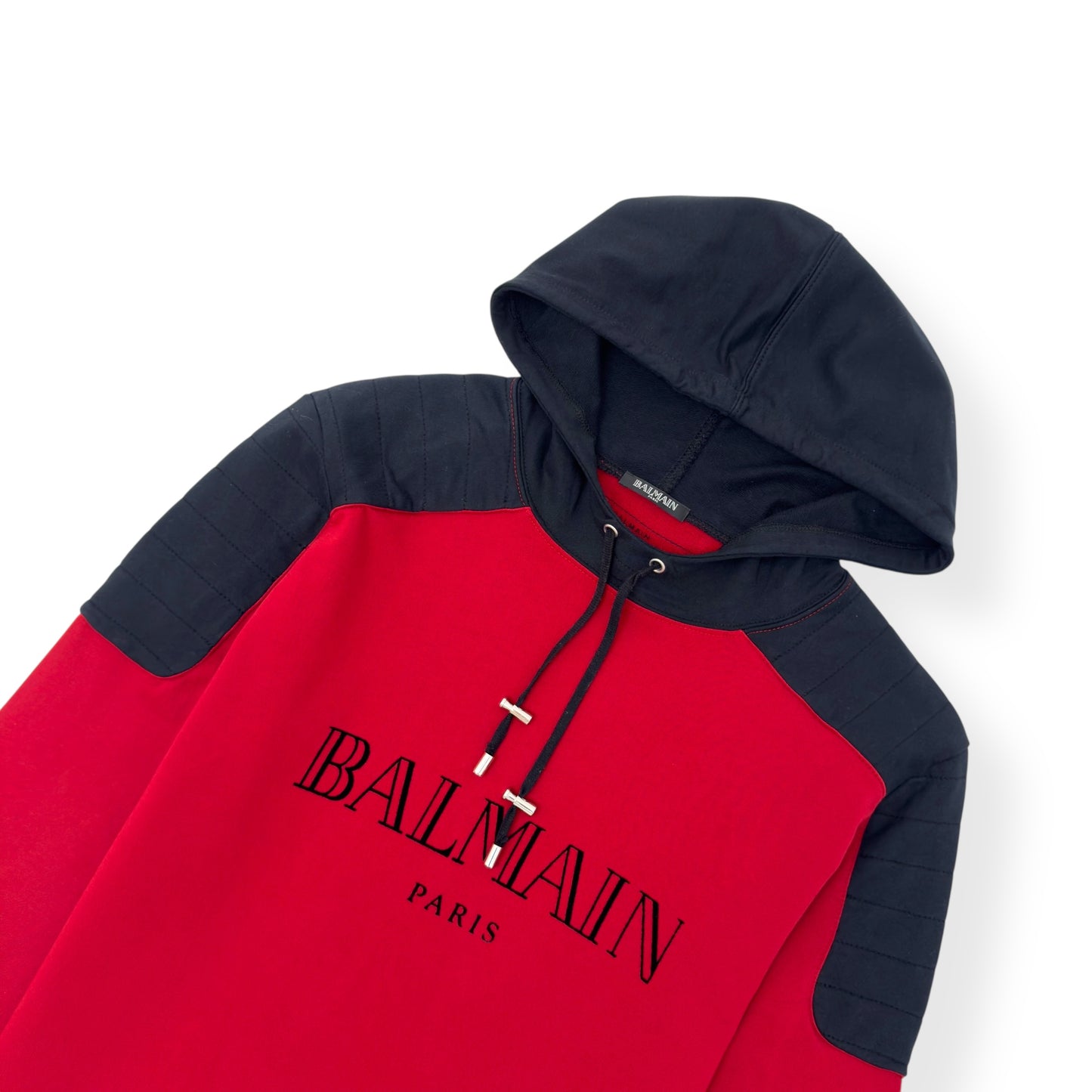BALMAIN LOGO PRINT HOODIE RED / BLACK L