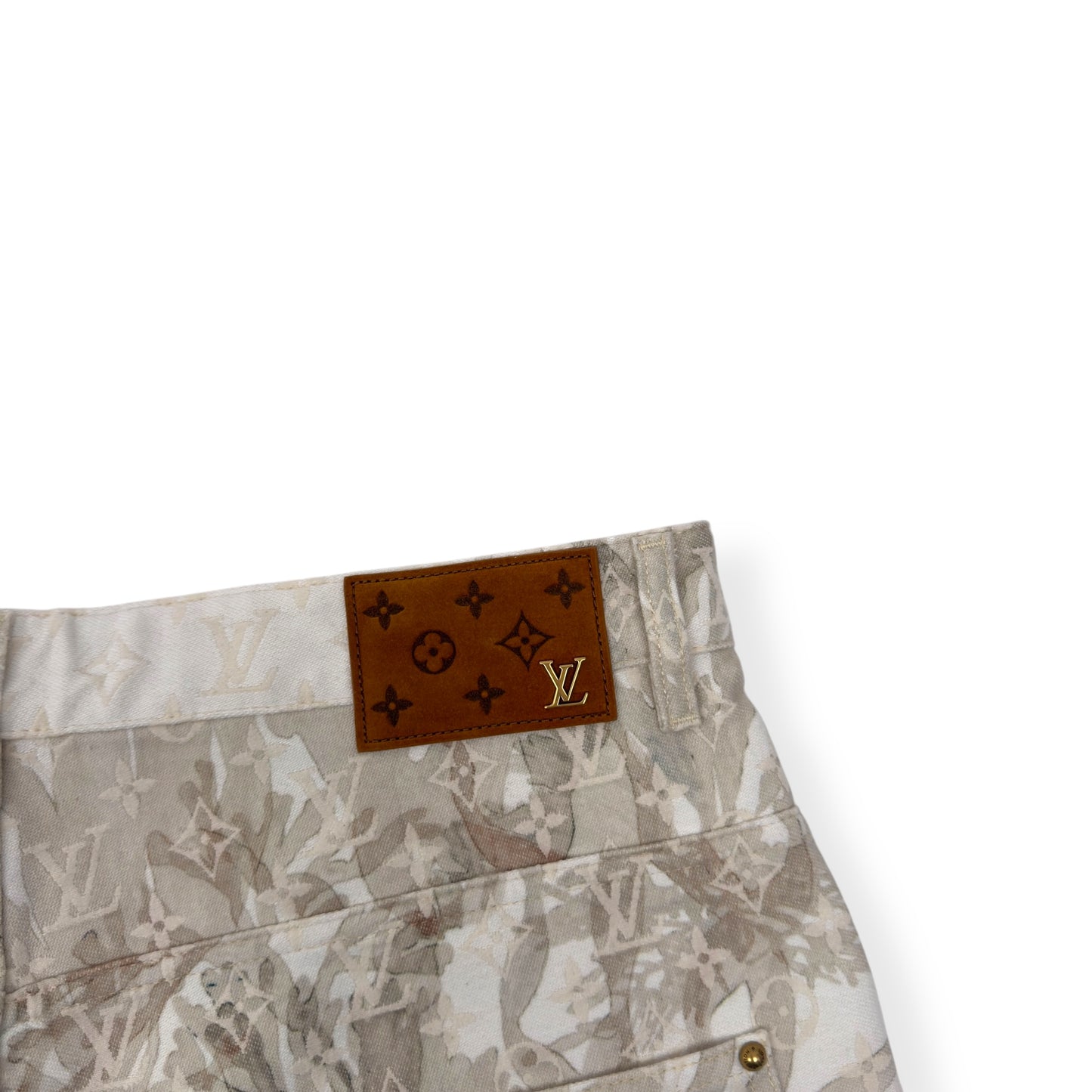 LOUIS VUITTON BERMUDA MONOGRAM CARPENTER DENIM SHORTS BEIGE W33”