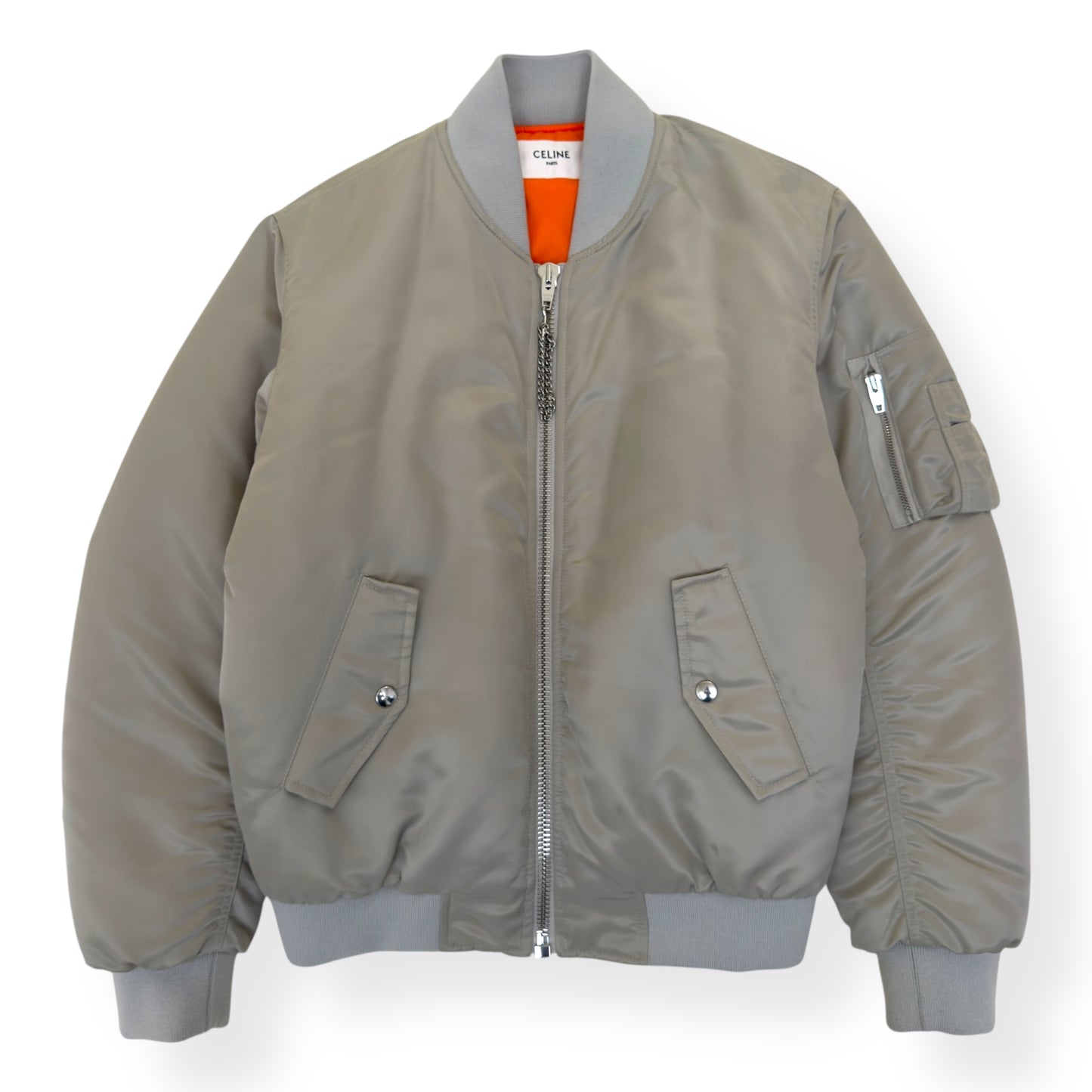 CELINE LOGO-PRINT CHAIN-EMBELLISHED SHELL BOMBER JACKET GREY / BLACK 44 / XXS