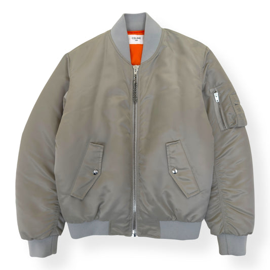 CELINE LOGO-PRINT CHAIN-EMBELLISHED SHELL BOMBER JACKET GREY / BLACK 44 / XXS