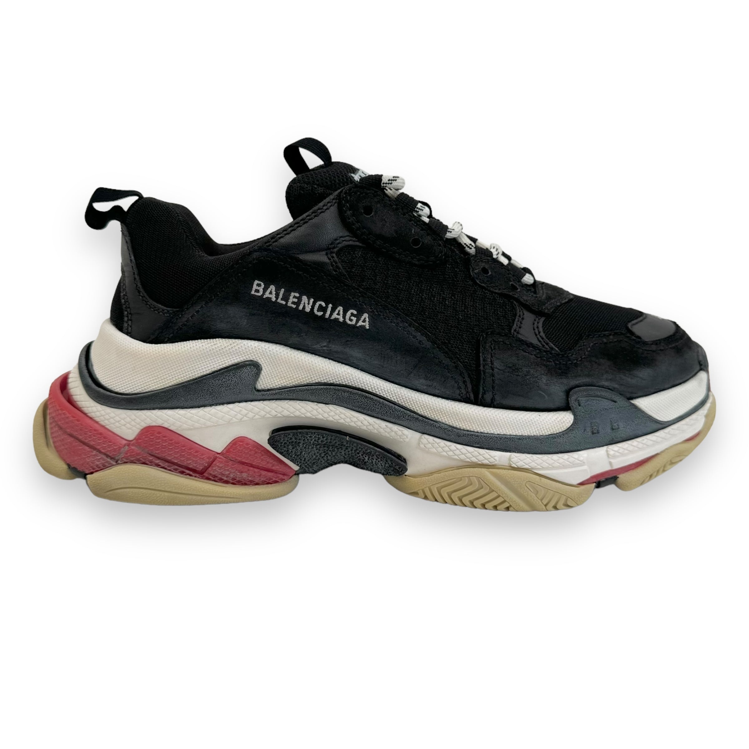 BALENCIAGA TRIPLE S DISTRESSED SNEAKER BLACK / WHITE / RED UK8