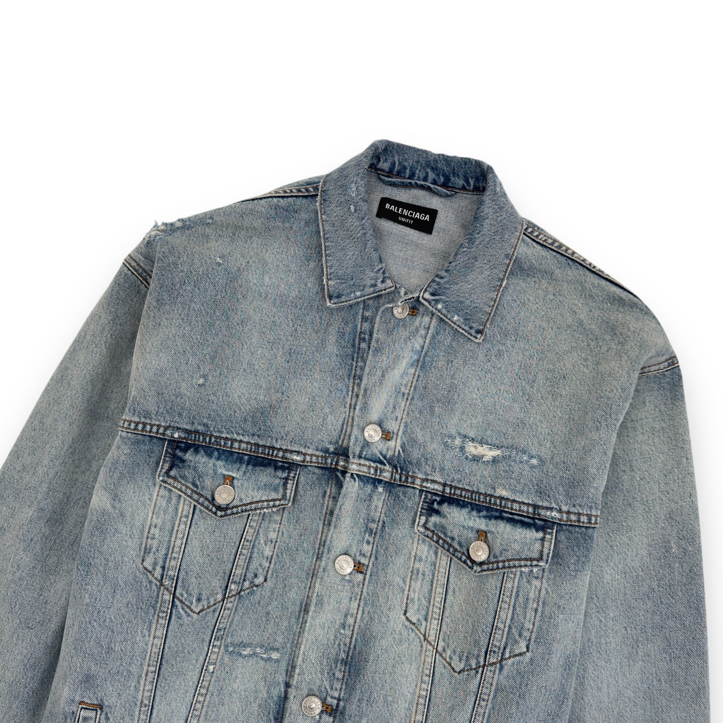 BALENCIAGA OVERSIZED BACODE DISTRESSED DENIM JACKET BLUE S