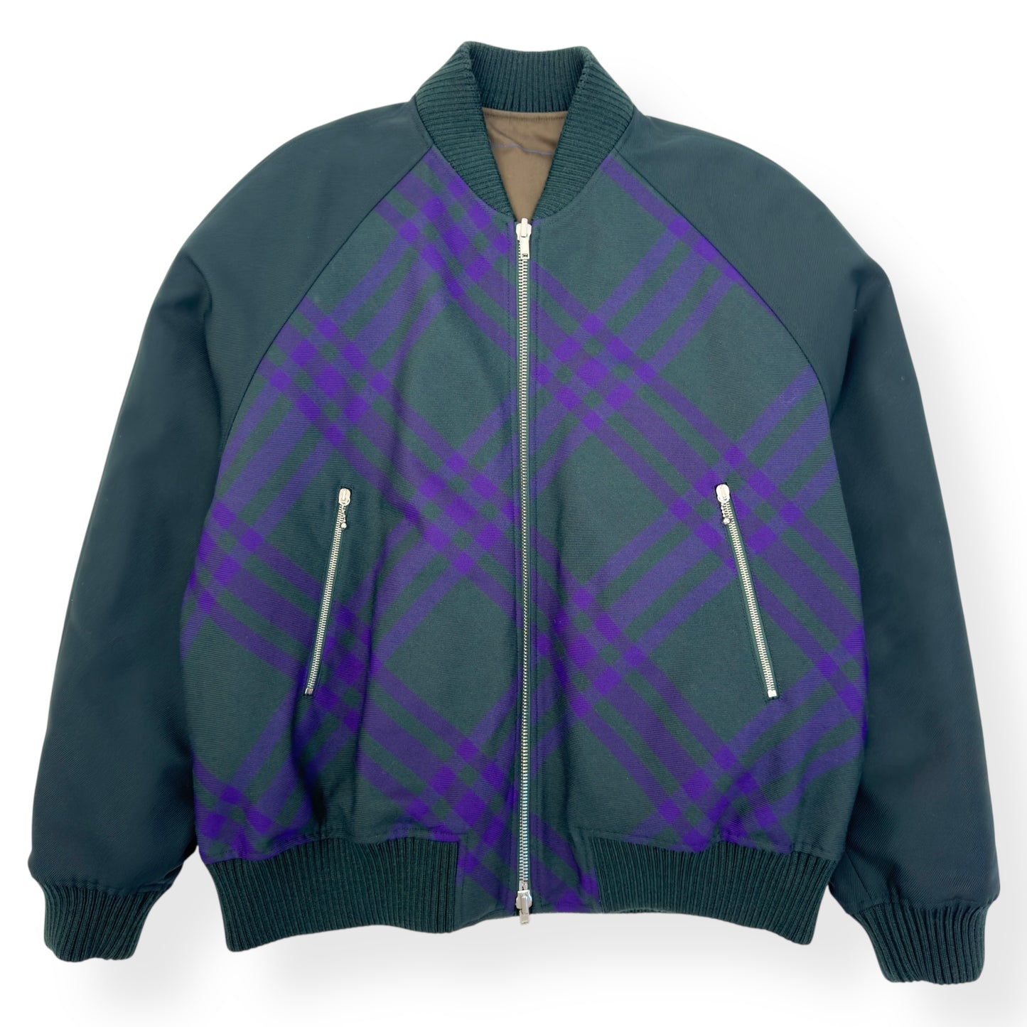 BURBERRY CHECKED REVERSIBLE COTTON-TWILL BOMBER JACKET GREEN / PURPLE XL
