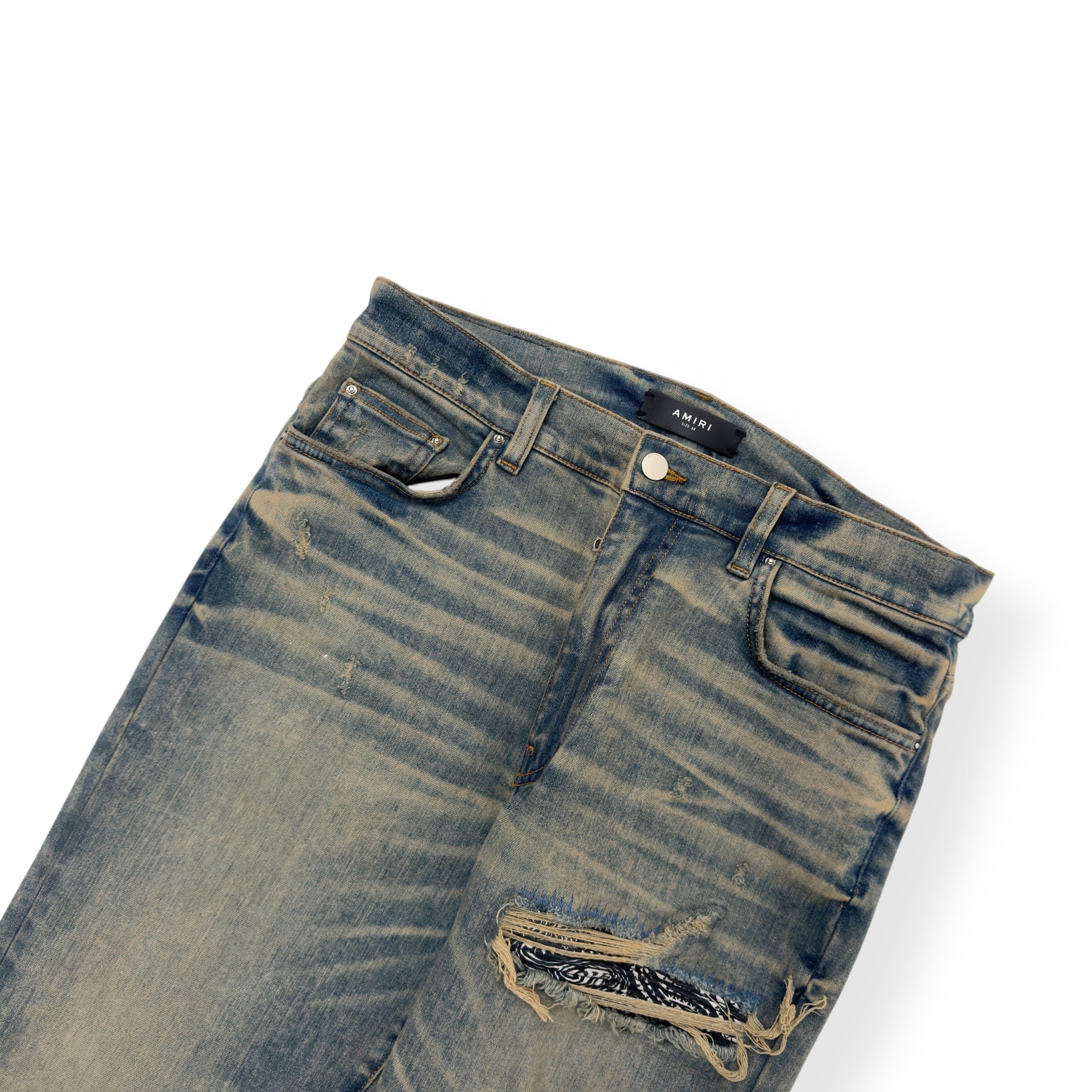 AMIRI BANDANA DISTRESSED SKINNY DENIM JEANS W34”