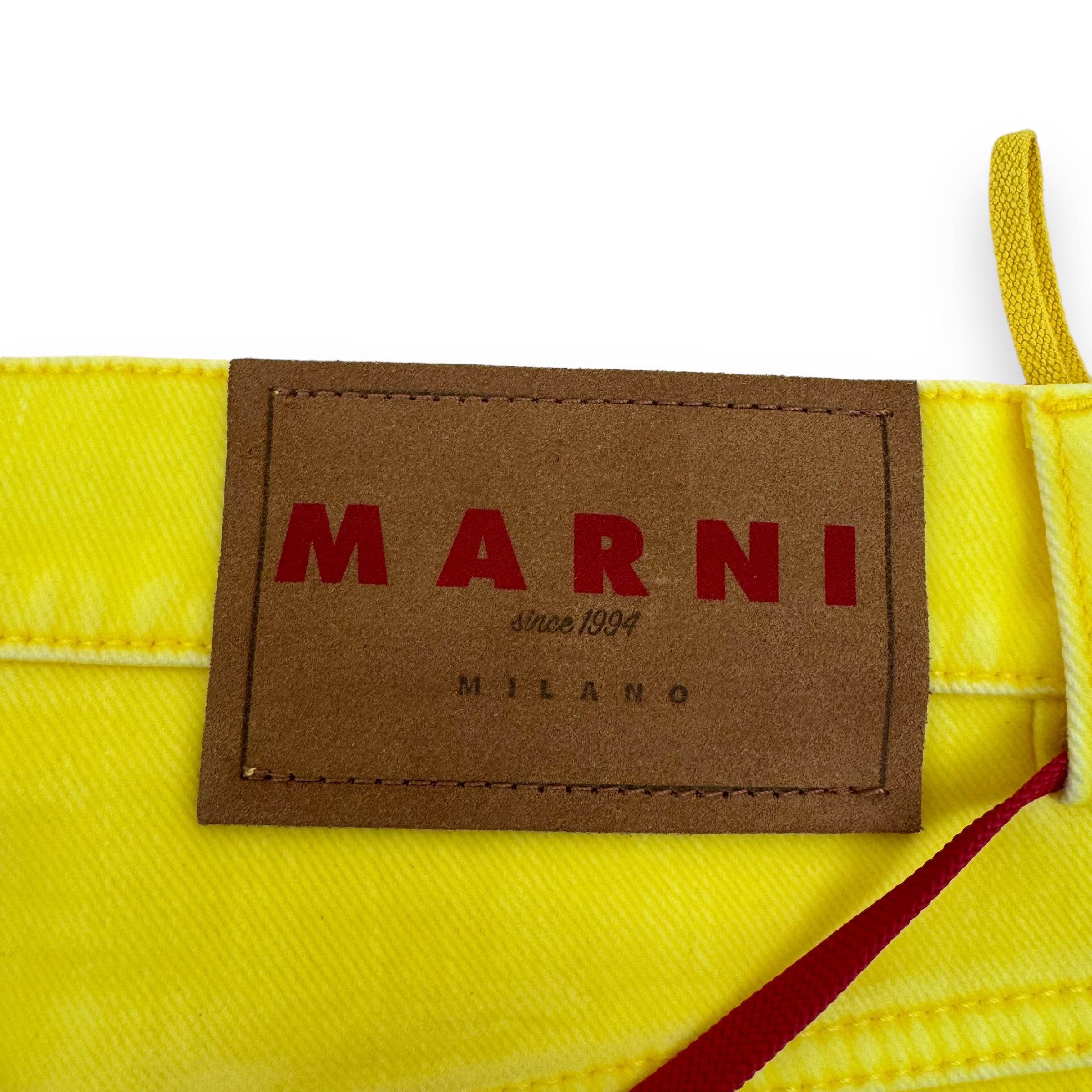 MARNI LOGO-PATCH STRETCH-COTTON FLARED TROUSERS YELLOW 34”
