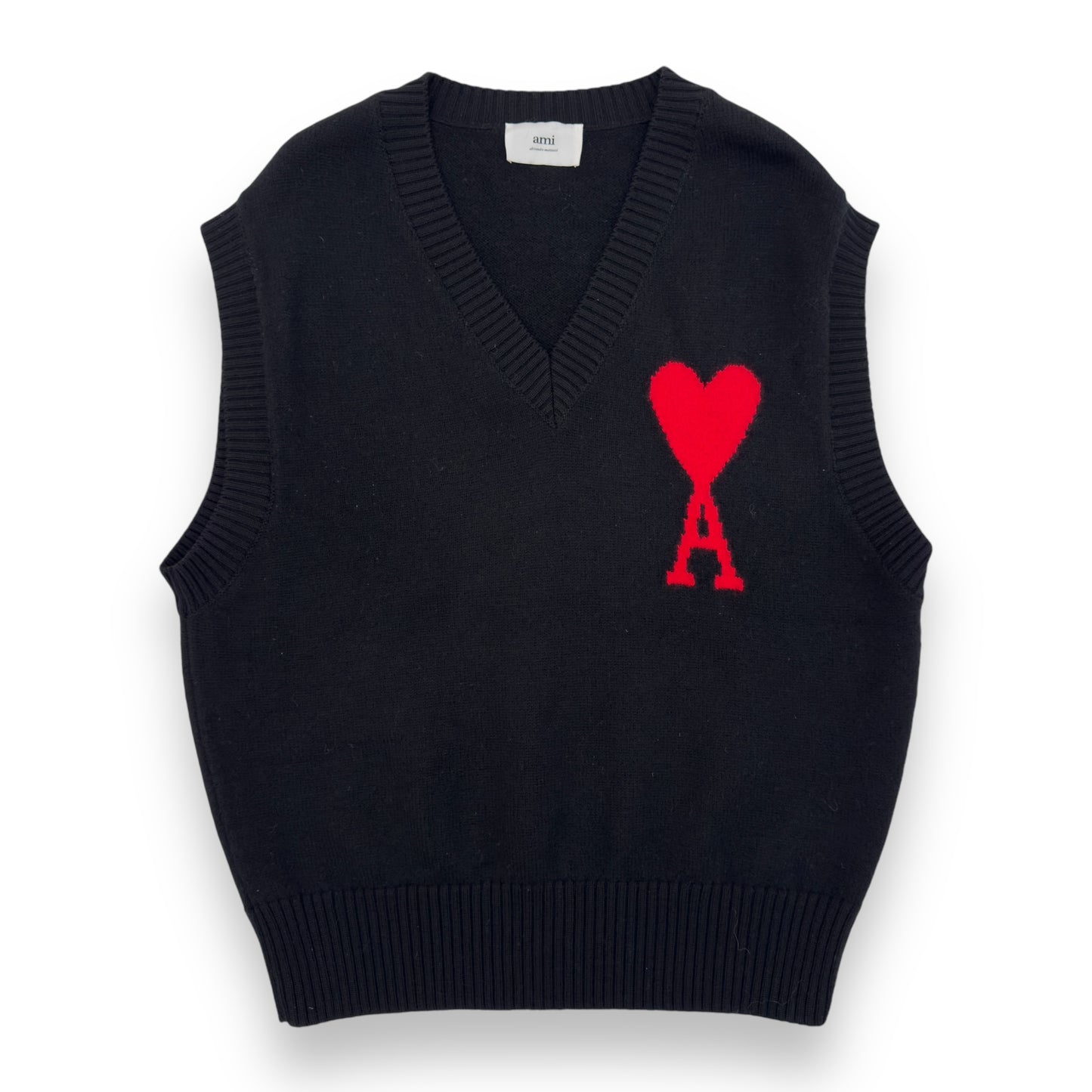 AMI PARIS AMI DE COEUR MERINO WOOL VEST BLACK / RED L