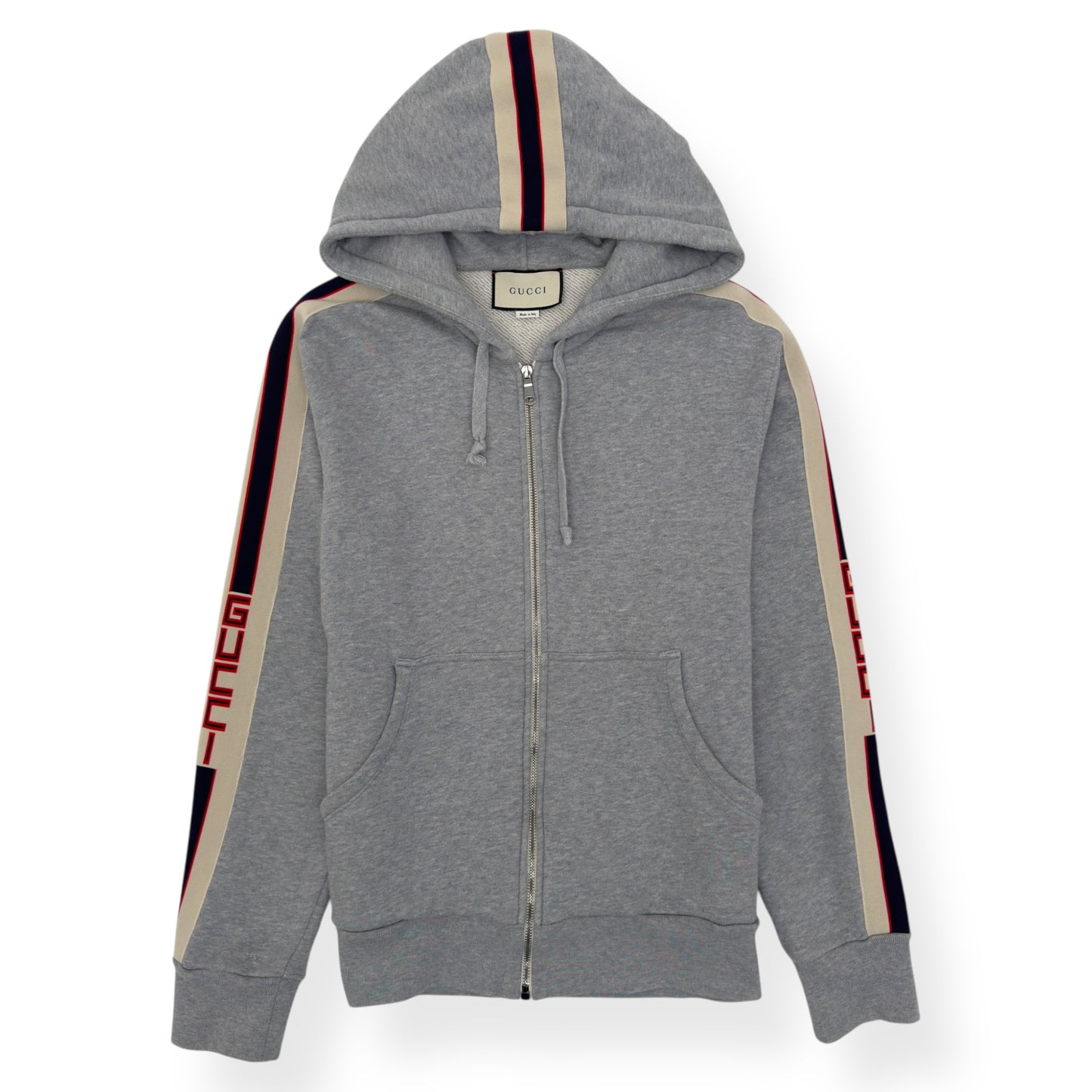 GUCCI TAPE LOGO HOODIE GREY / RED M
