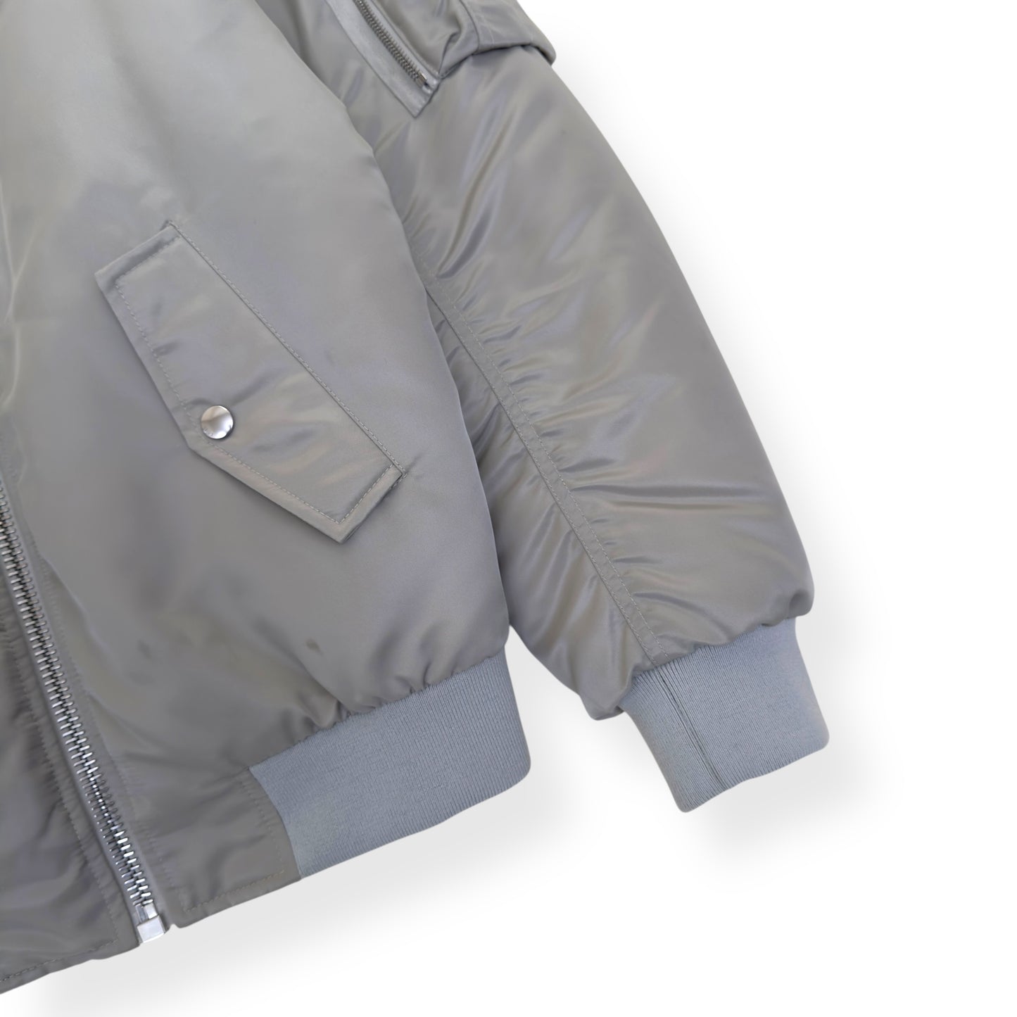 CELINE LOGO-PRINT CHAIN-EMBELLISHED SHELL BOMBER JACKET GREY / BLACK 44 / XXS