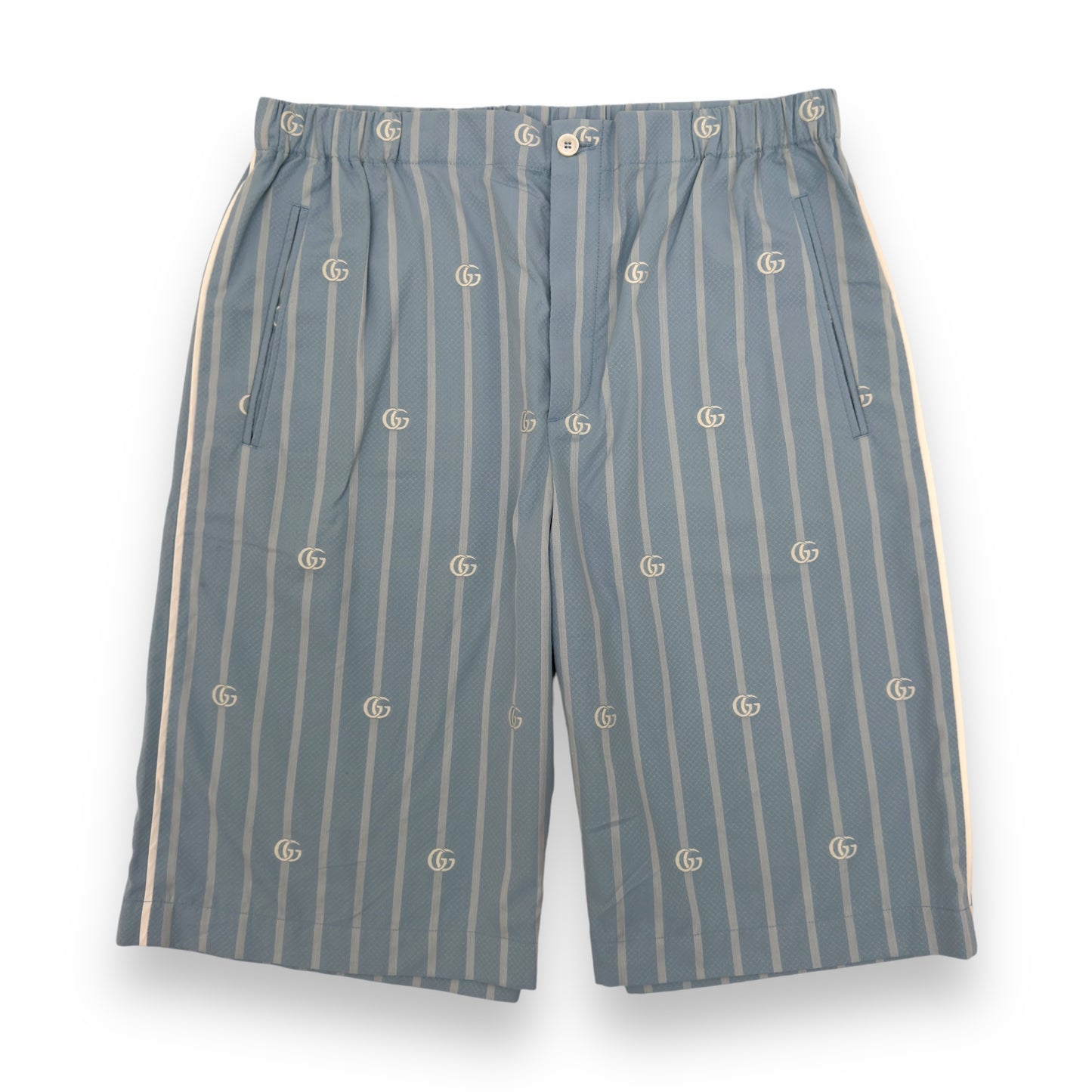 GUCCI LOGO-JACQUARD STRIPED COTTON-POPLIN SHORTS BLUE M