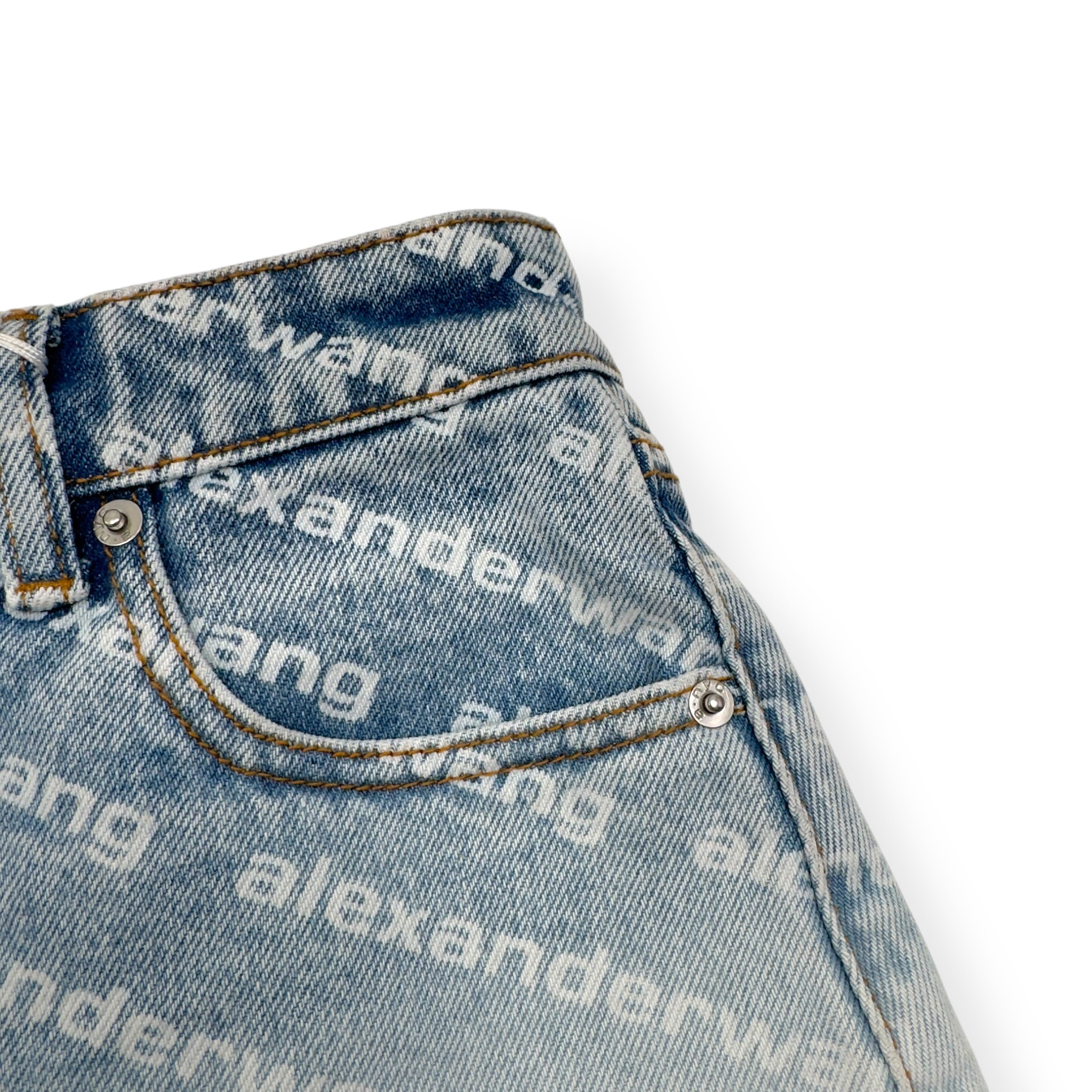 ALEXANDER WANG MONOGRAM HIGH RISE DENIM SHORTS BLUE / WHITE W25”