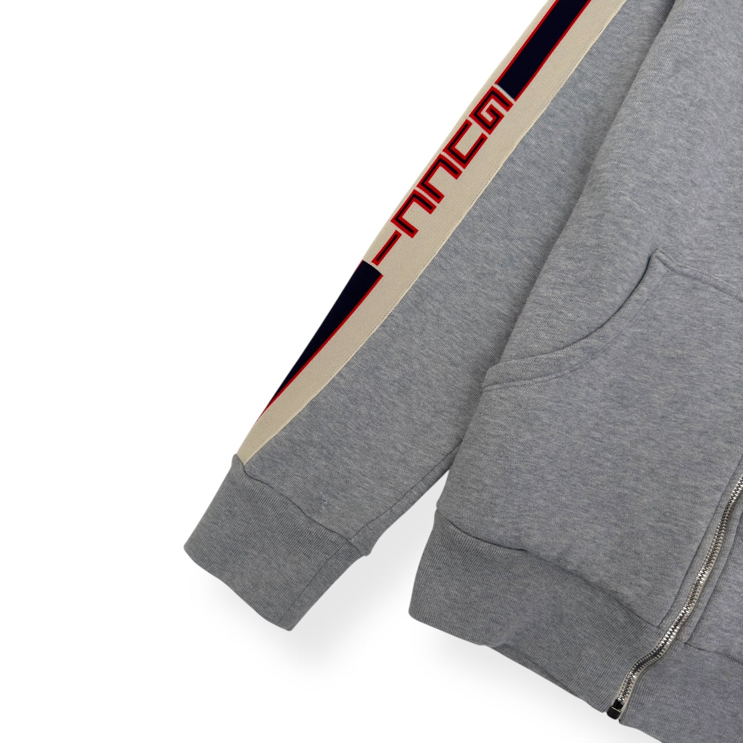 GUCCI TAPE LOGO HOODIE GREY / RED M