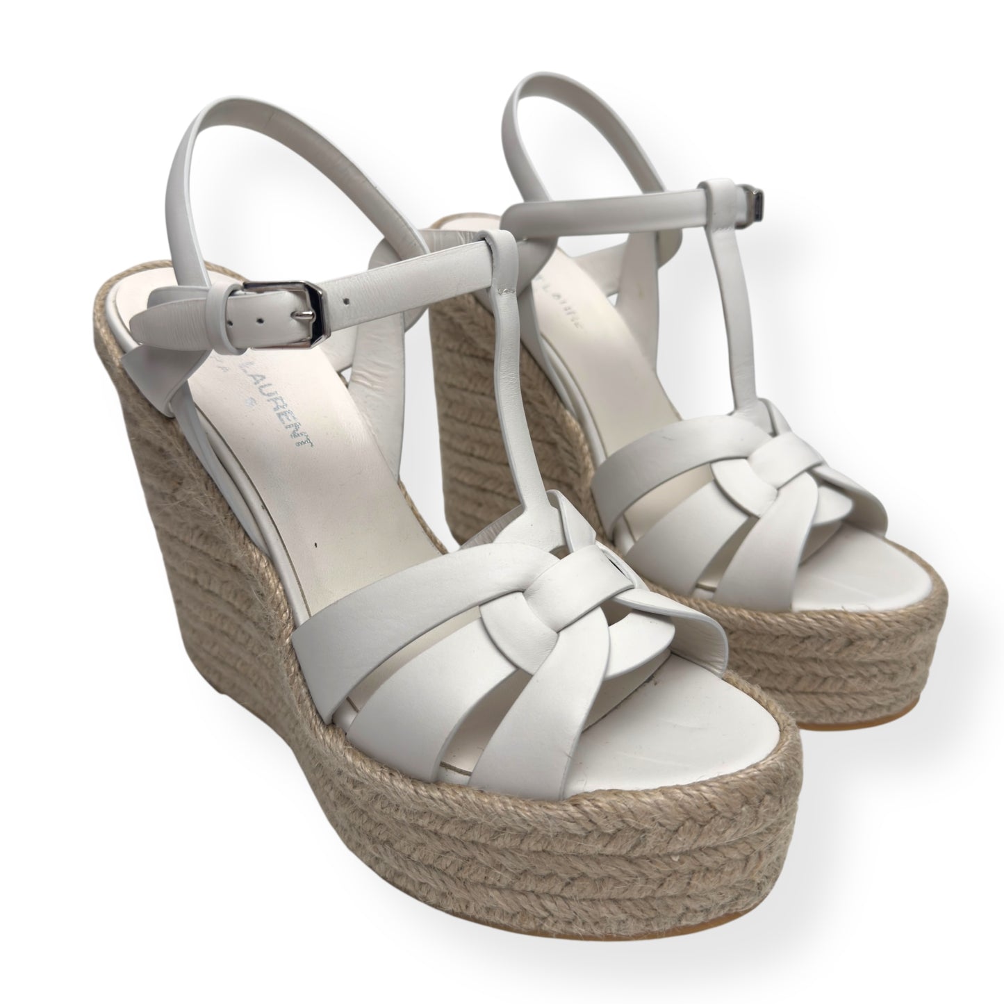 SAINT LAURENT TRIBUTE ESPADRILLE SMOOTH LEATHER  WEDGE WHITE 38 / UK5