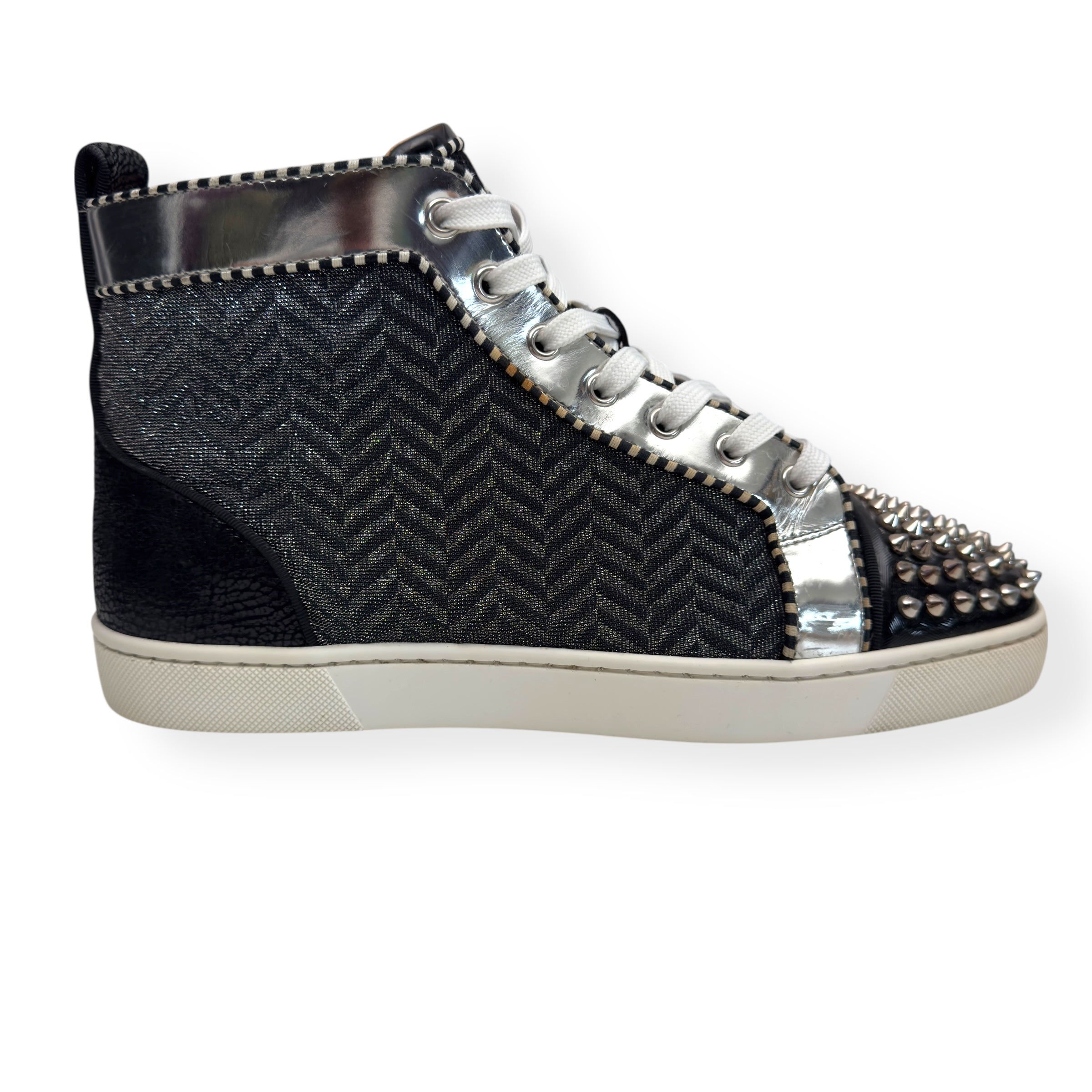 CHRISTIAN LOUBOUTIN LOW SPIKES ORLATO HIGH TOP SNEAKER BLACK / WHITE / SILVER 42 / UK8