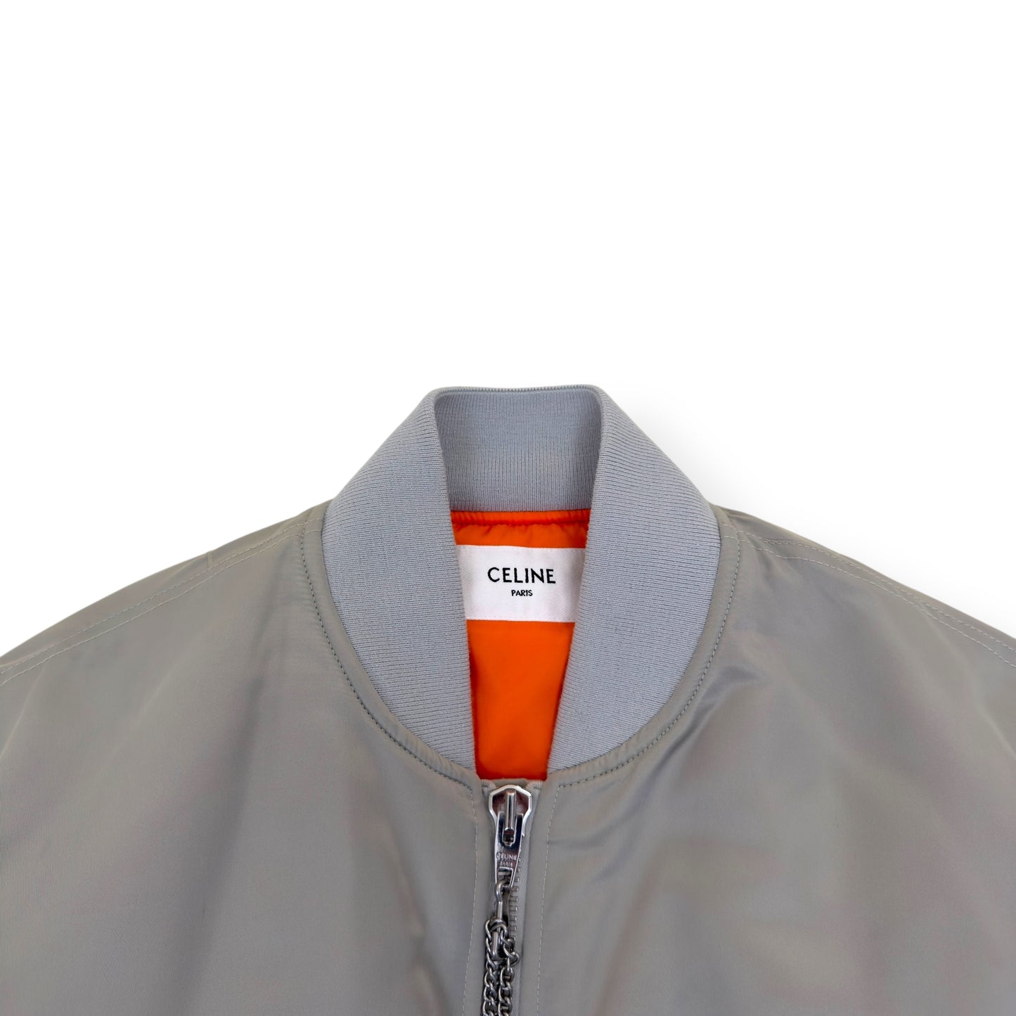 CELINE LOGO-PRINT CHAIN-EMBELLISHED SHELL BOMBER JACKET GREY / BLACK 44 / XXS