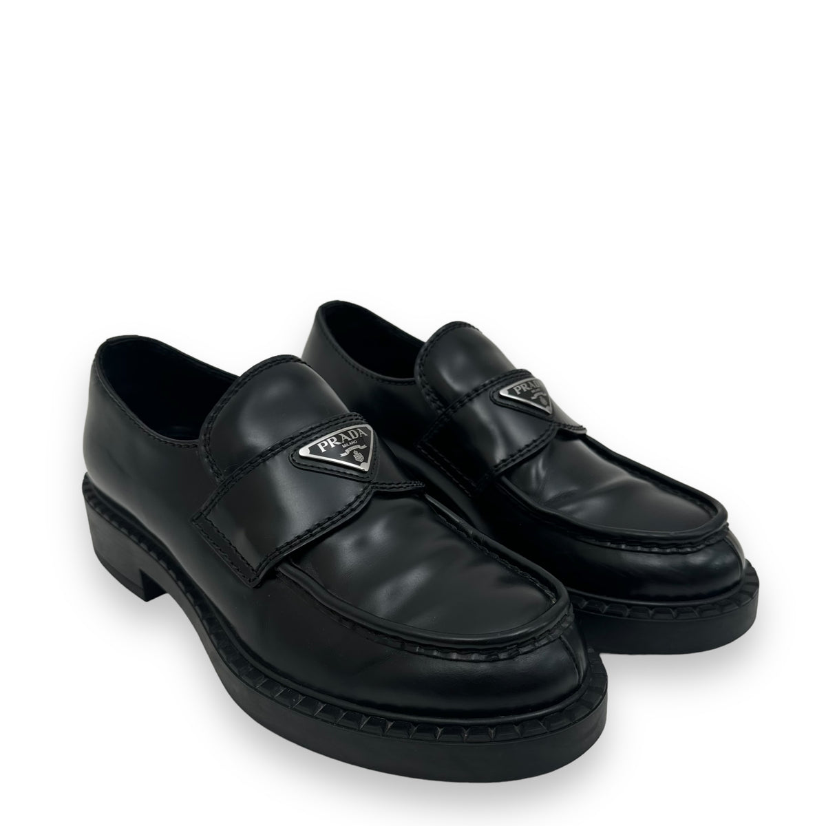 PRADA BRUSHED LEATHER LOAFERS BLACK UK6.5
