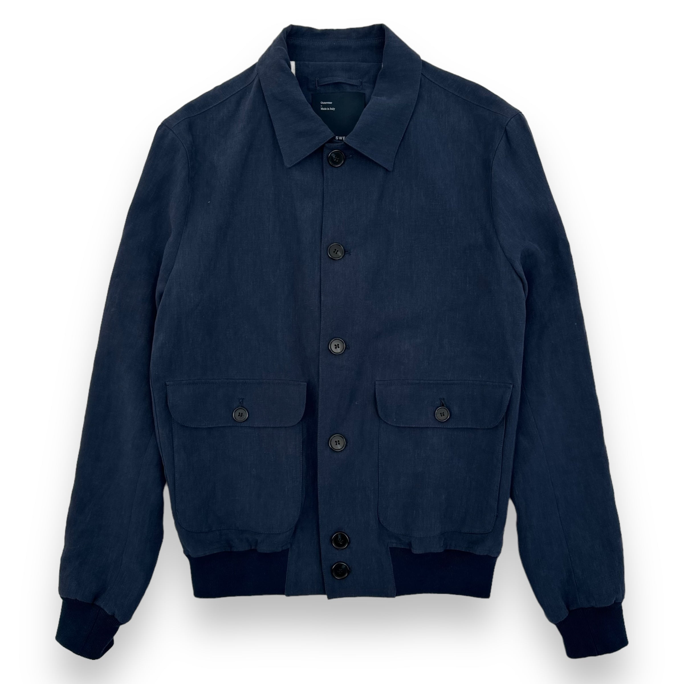 THOM SWEENEY BESPOKE BUTTON-UP LINEN COLLARED BOMBER JACKET NAVY M