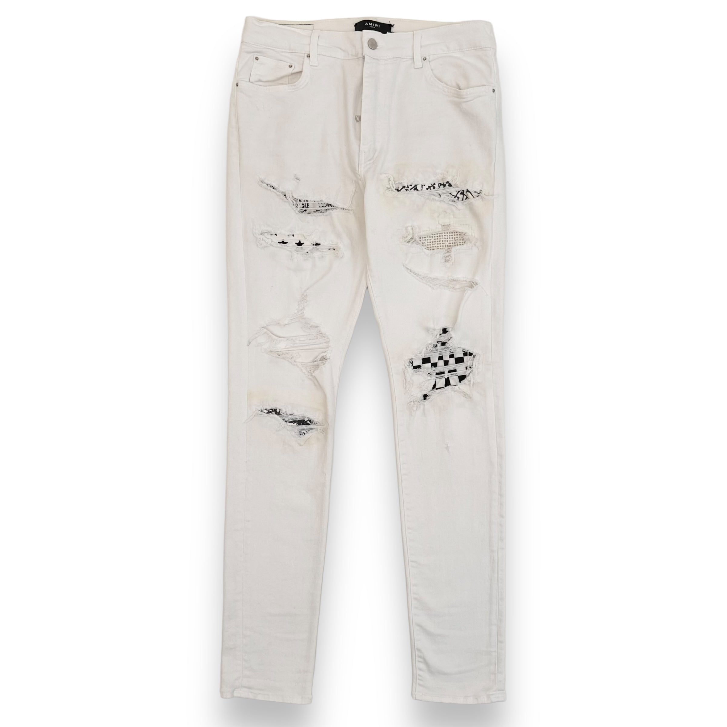 AMIRI DISTRESSED ART PATCH DENIM JEANS WHITE 36W