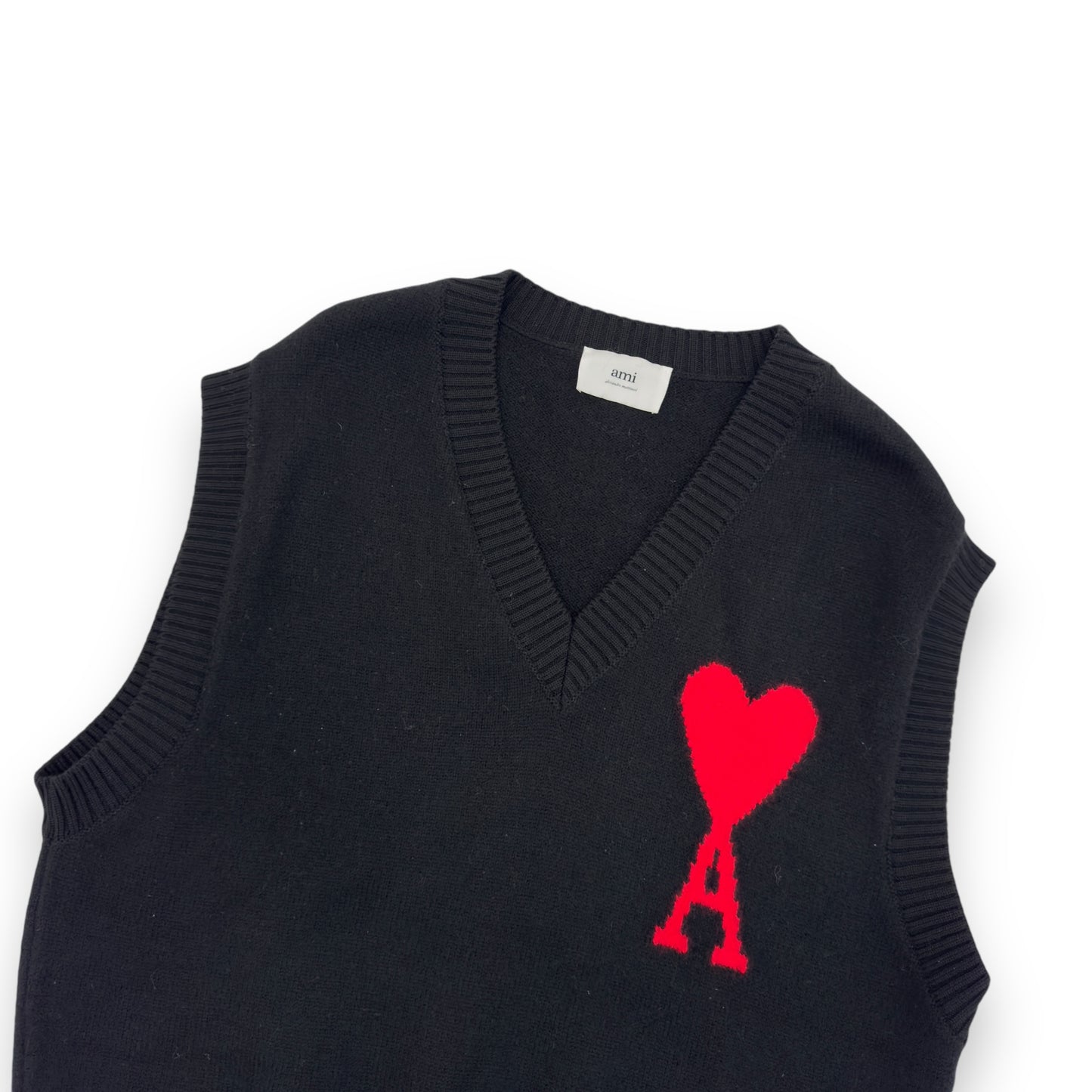 AMI PARIS AMI DE COEUR MERINO WOOL VEST BLACK / RED L