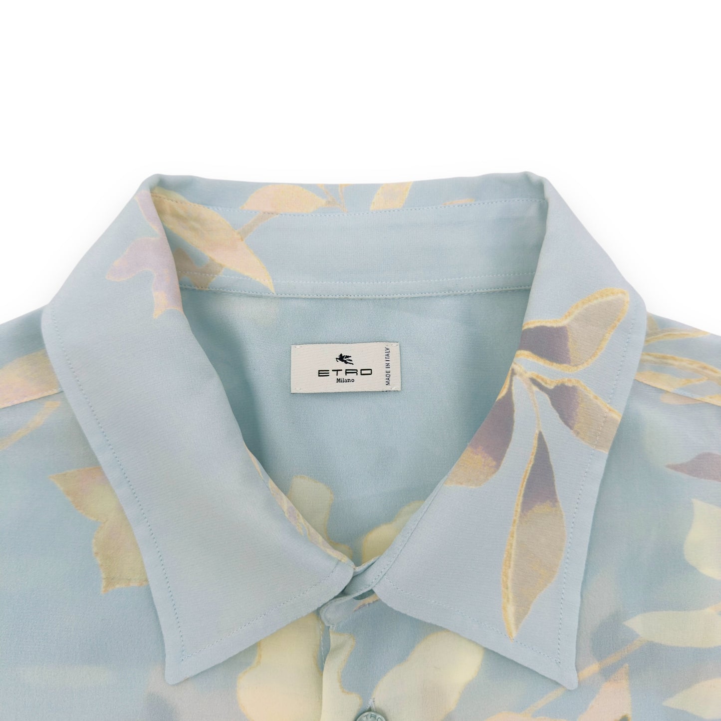 ETRO LEAF PRINT SILK SHIRT LIGHT BLUE XXL