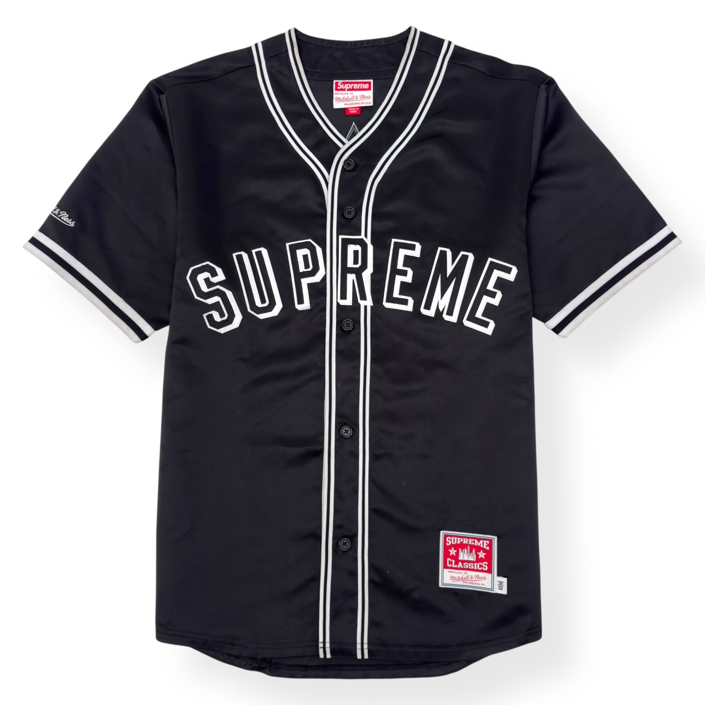 SUPREME MITCHELL & NESS SATIN BASEBALL JERSEY BLACK / WHITE M