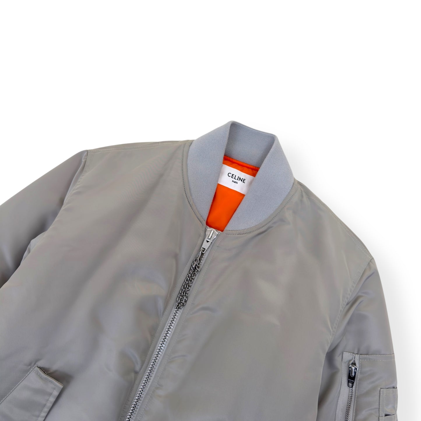 CELINE LOGO-PRINT CHAIN-EMBELLISHED SHELL BOMBER JACKET GREY / BLACK 44 / XXS